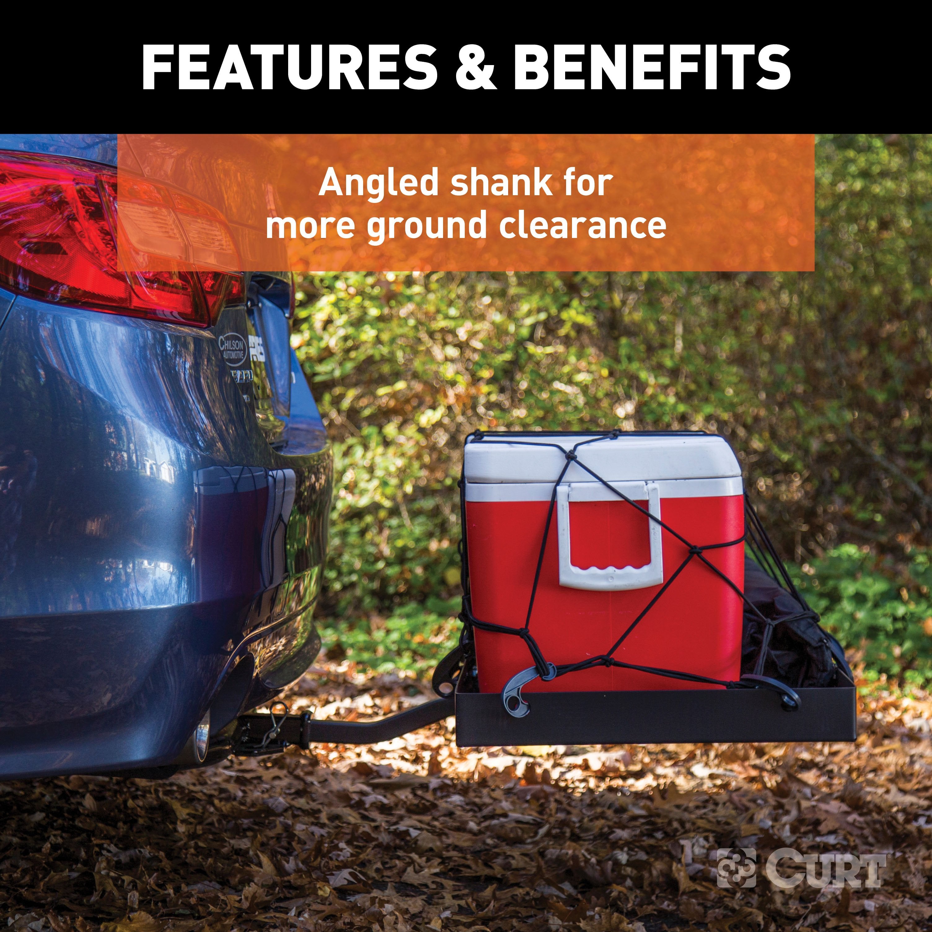 CURT 48 x 20-Inch Tray Hitch Cargo Carrier, 300 lbs Capacity, 1-1/4, 2-In Adapter Shank Model 18110