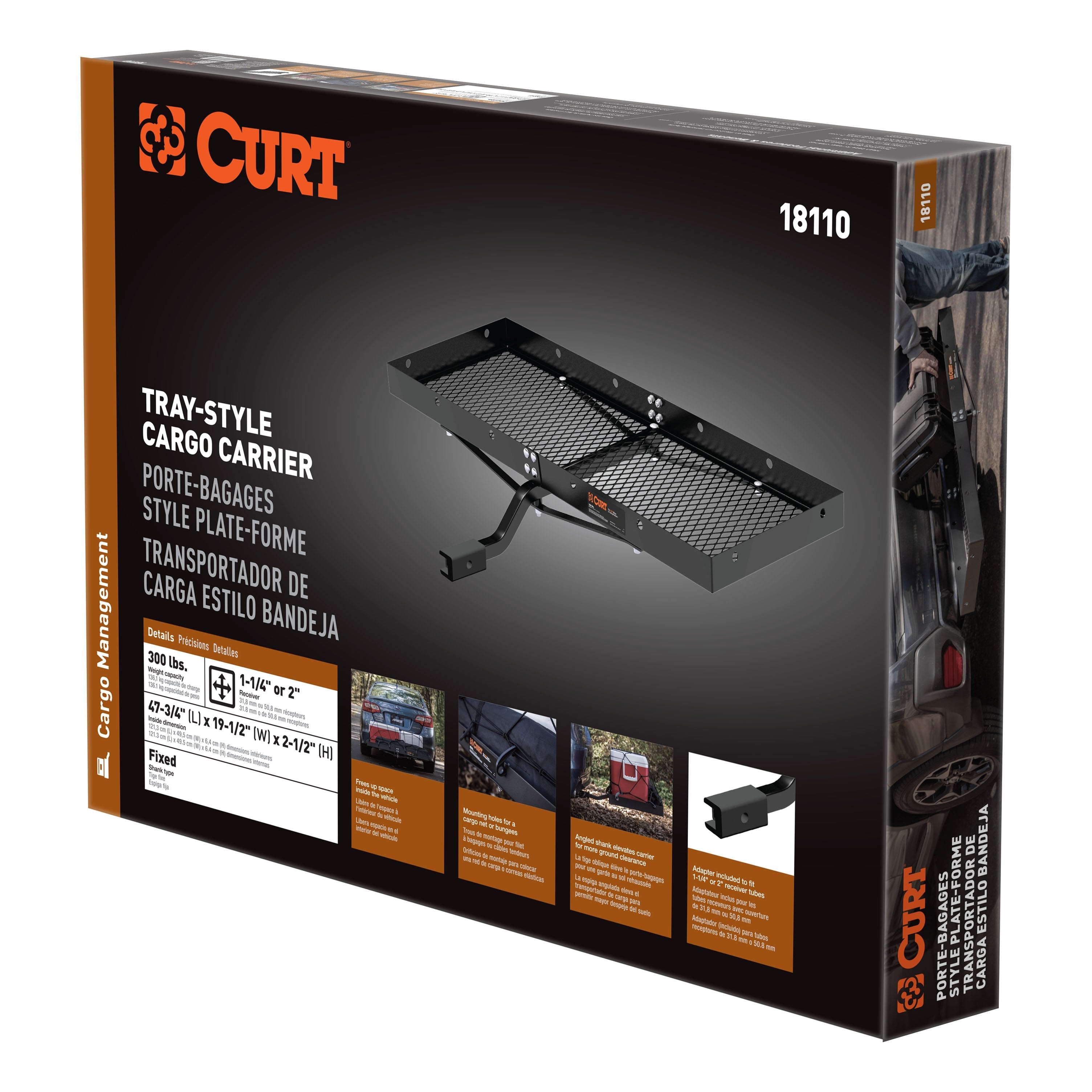 CURT 48 x 20-Inch Tray Hitch Cargo Carrier, 300 lbs Capacity, 1-1/4, 2-In Adapter Shank Model 18110