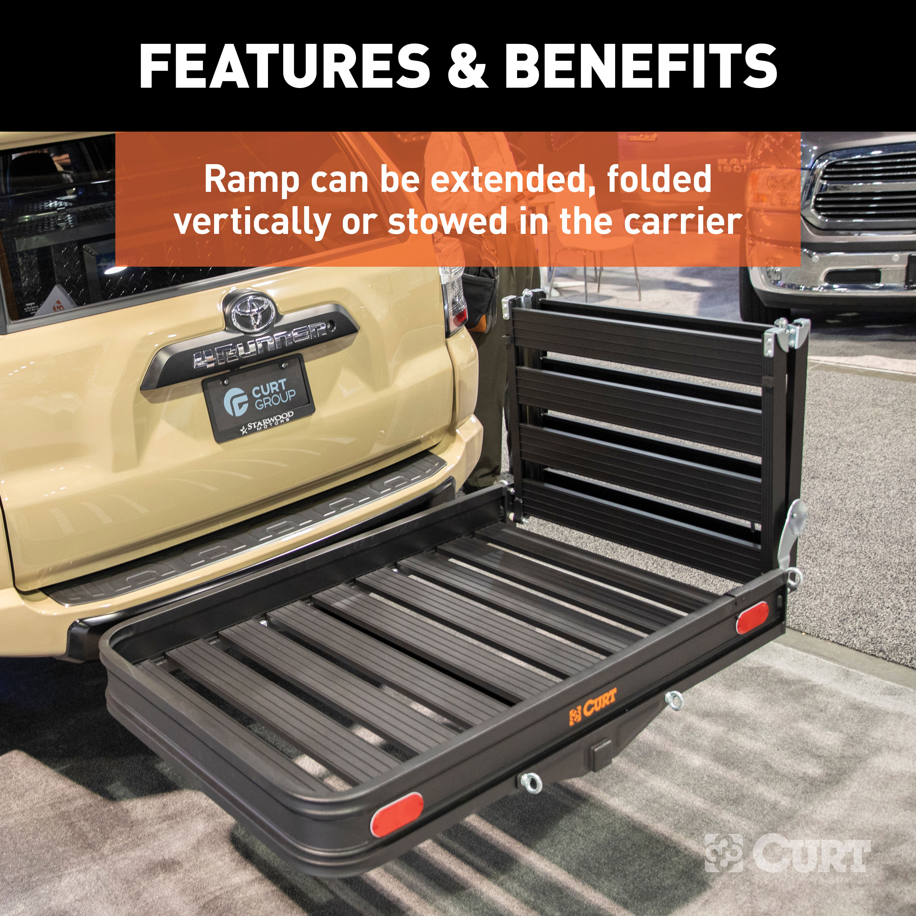 CURT 50 x 30-1/2-Inch Black Aluminum Hitch Cargo Carrier with Ramp, 2-In Folding Shank Model 18112