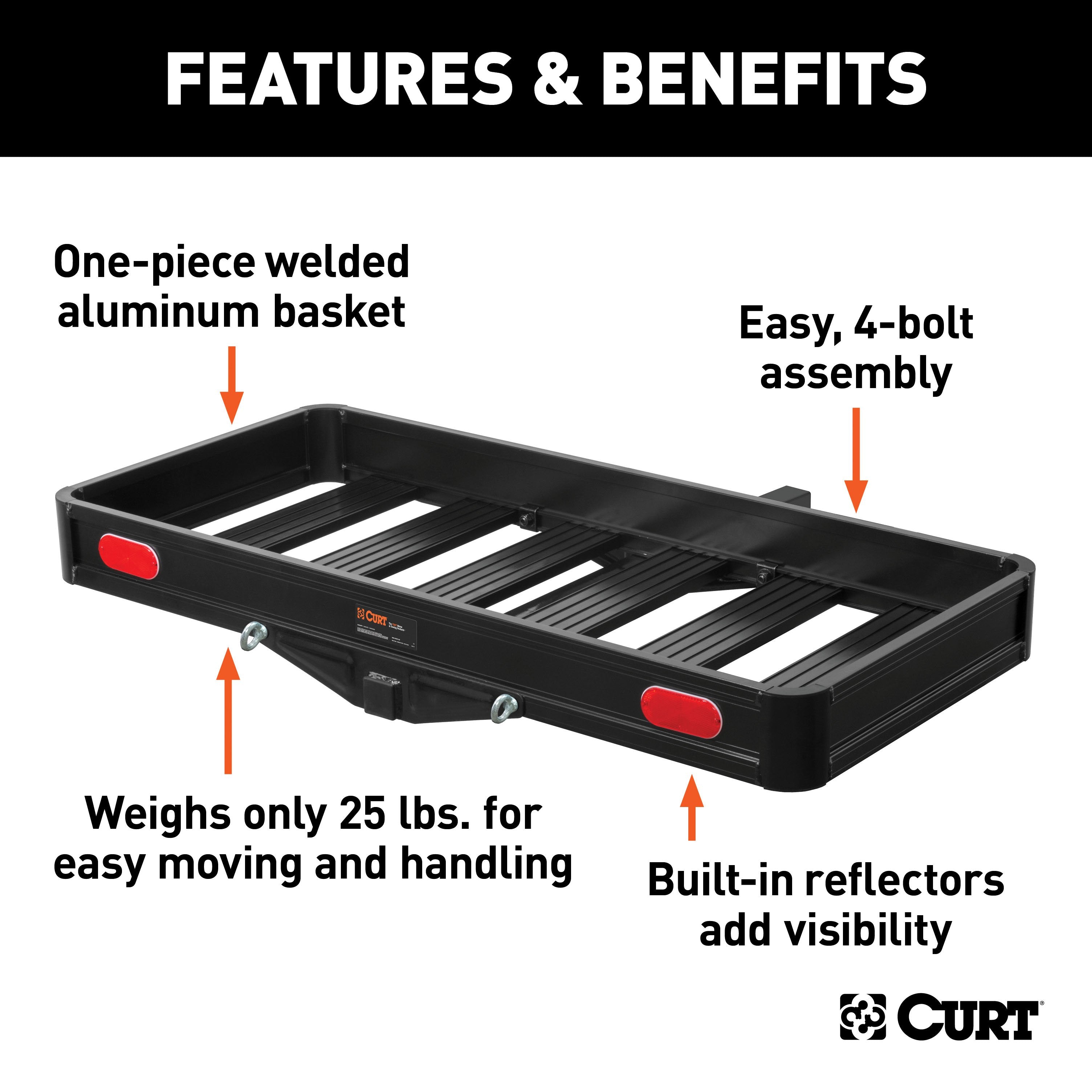 CURT 49 x 22-1/2-Inch Black Aluminum Hitch Cargo Carrier, 500 lbs Capacity, 2-In Fixed Shank Model 18113