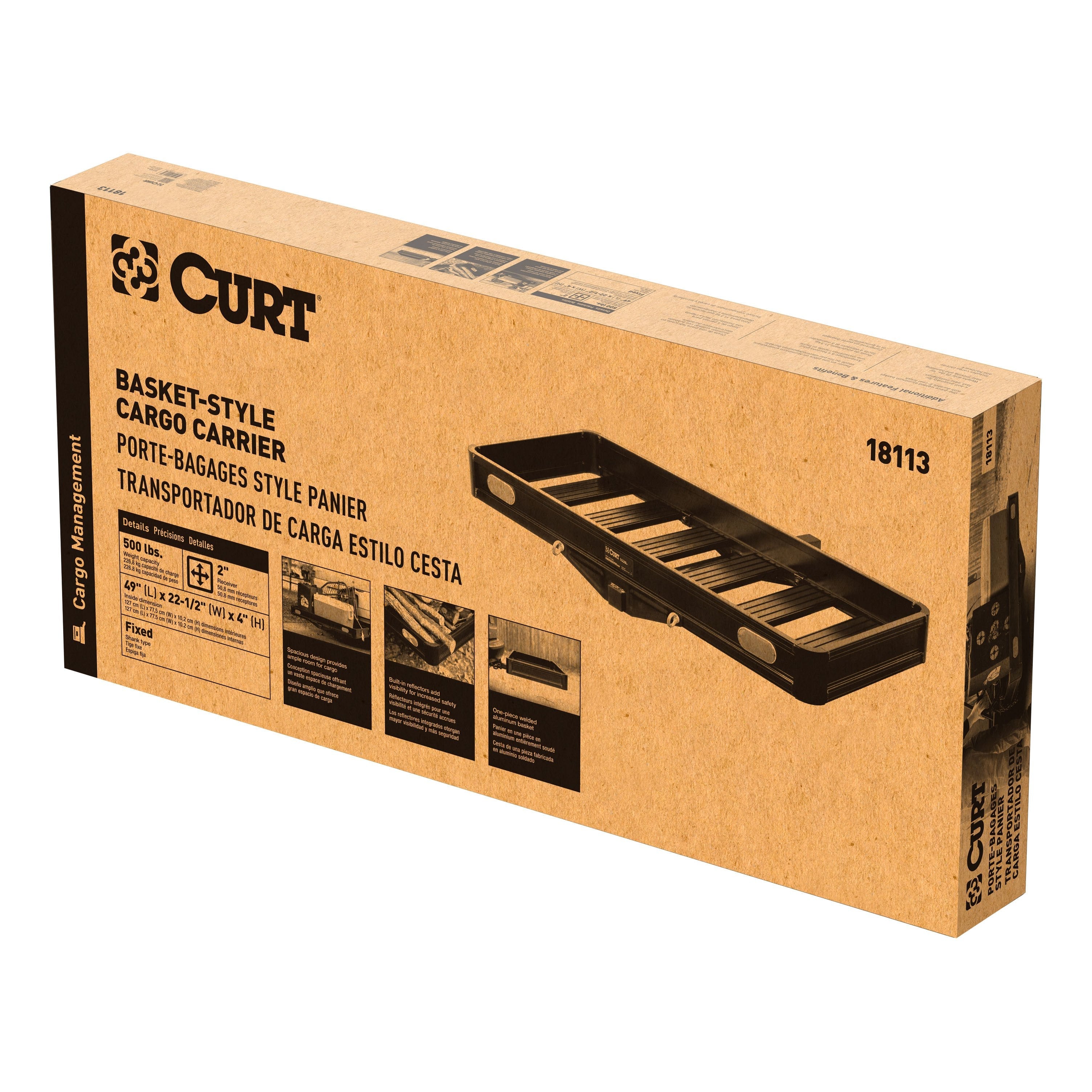 CURT 49 x 22-1/2-Inch Black Aluminum Hitch Cargo Carrier, 500 lbs Capacity, 2-In Fixed Shank Model 18113