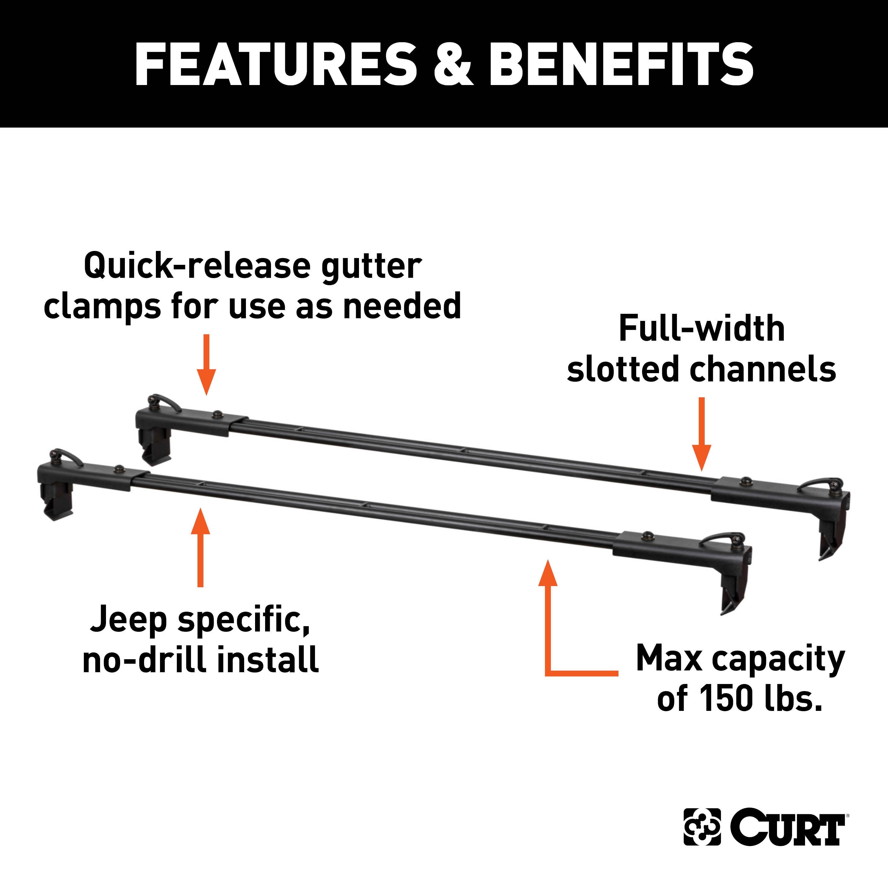 CURT Black Steel Quick-Release Roof Rack Crossbars, Fits Select Jeep Wrangler JL, Gladiator Model 18122