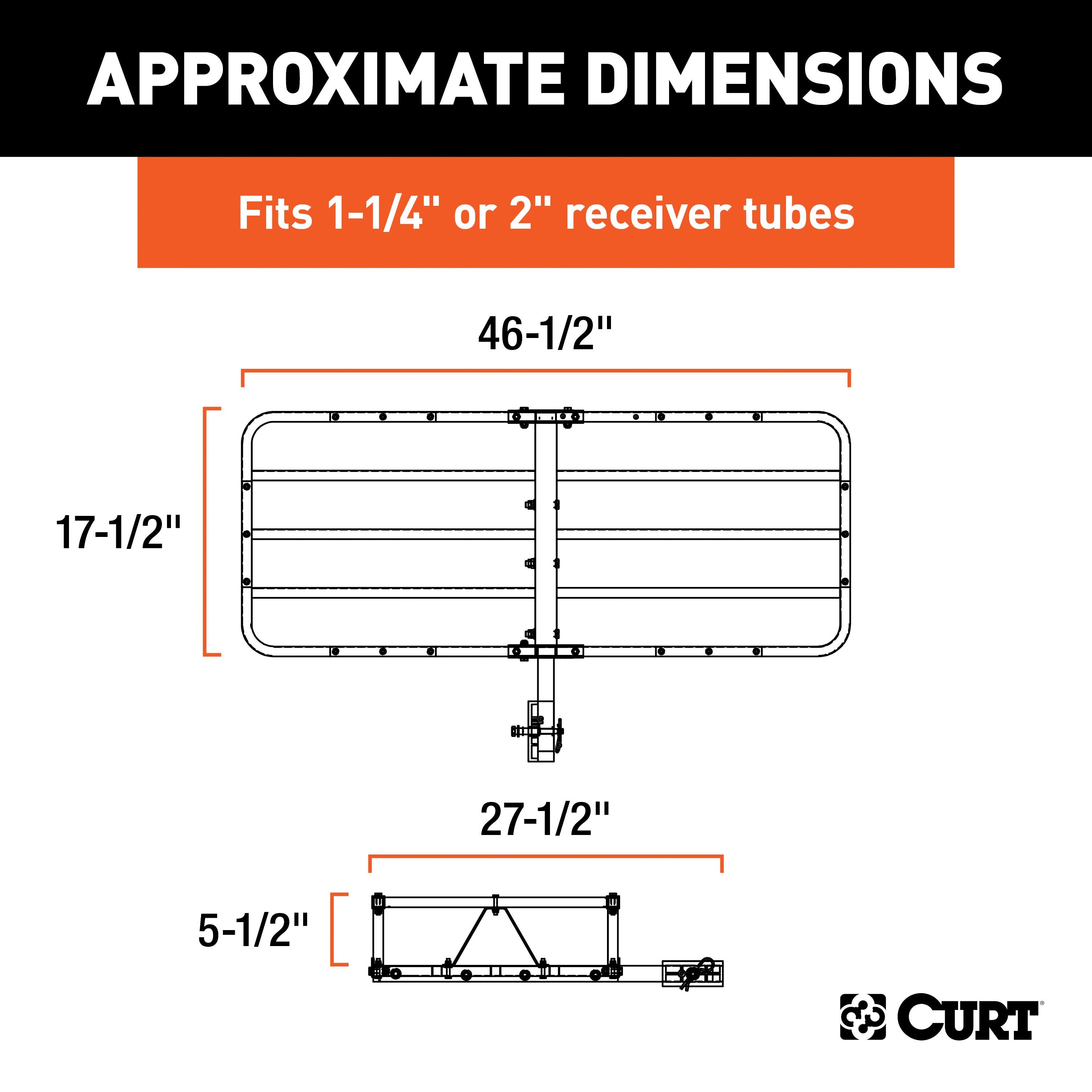 CURT 48 x 20-Inch Basket Hitch Cargo Carrier, 500 lbs Capacity, Black Steel, 1-1/4, 2-In Adapter Shank Model 18145