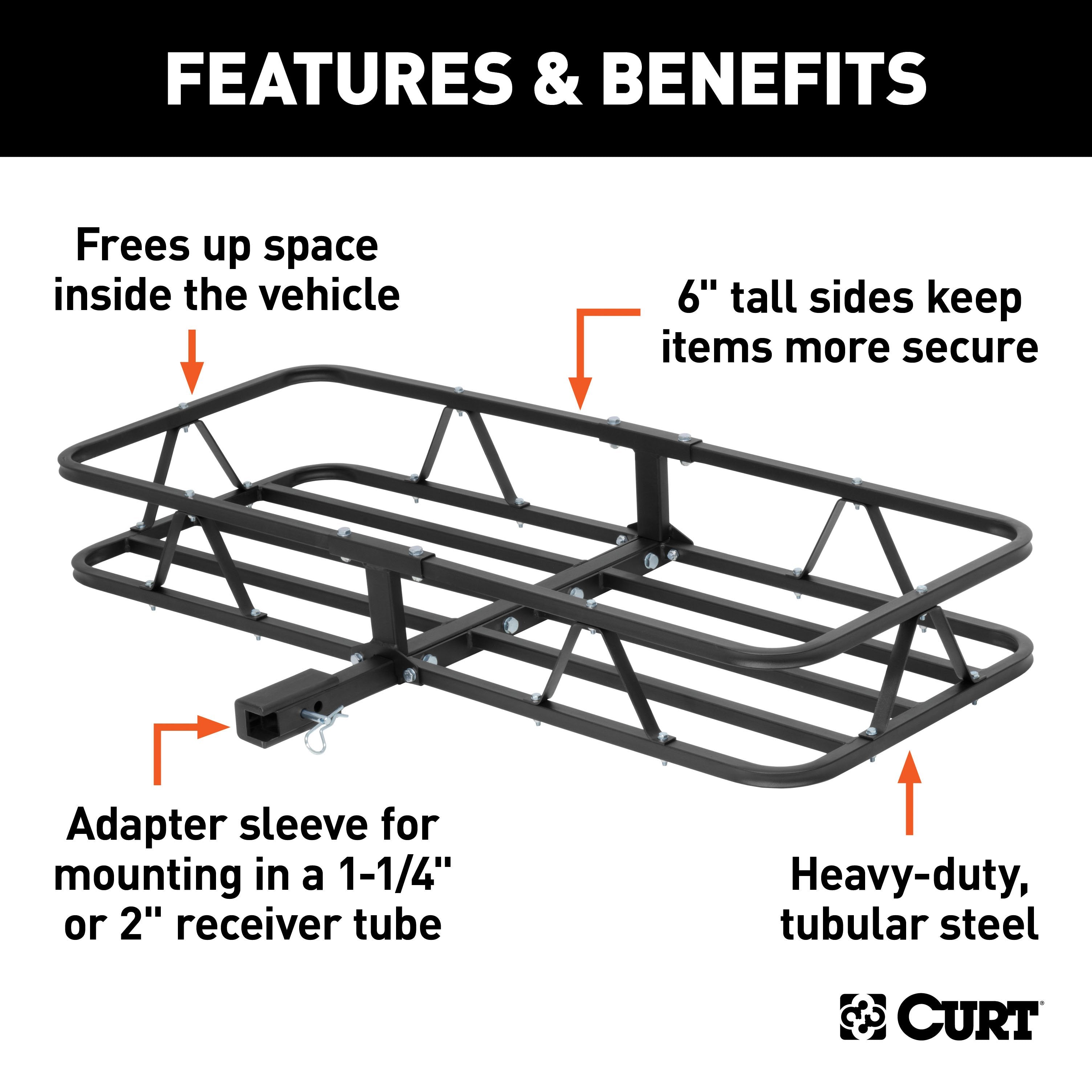 CURT 48 x 20-Inch Basket Hitch Cargo Carrier, 500 lbs Capacity, Black Steel, 1-1/4, 2-In Adapter Shank Model 18145