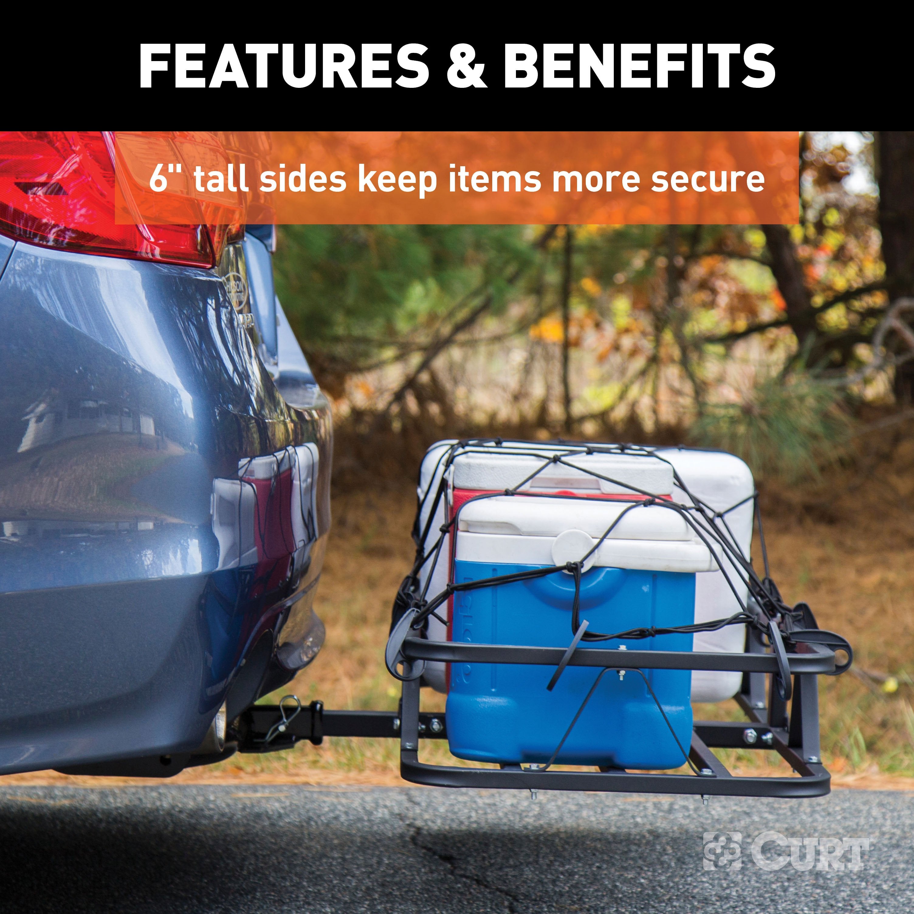 CURT 48 x 20-Inch Basket Hitch Cargo Carrier, 500 lbs Capacity, Black Steel, 1-1/4, 2-In Adapter Shank Model 18145