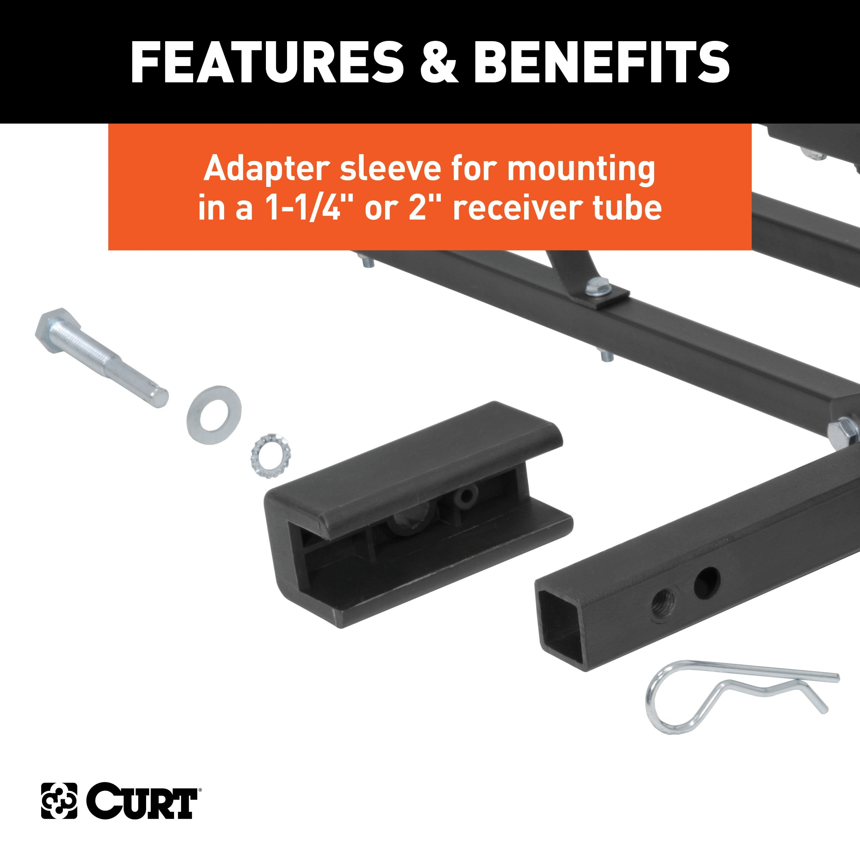 CURT 48 x 20-Inch Basket Hitch Cargo Carrier, 500 lbs Capacity, Black Steel, 1-1/4, 2-In Adapter Shank Model 18145