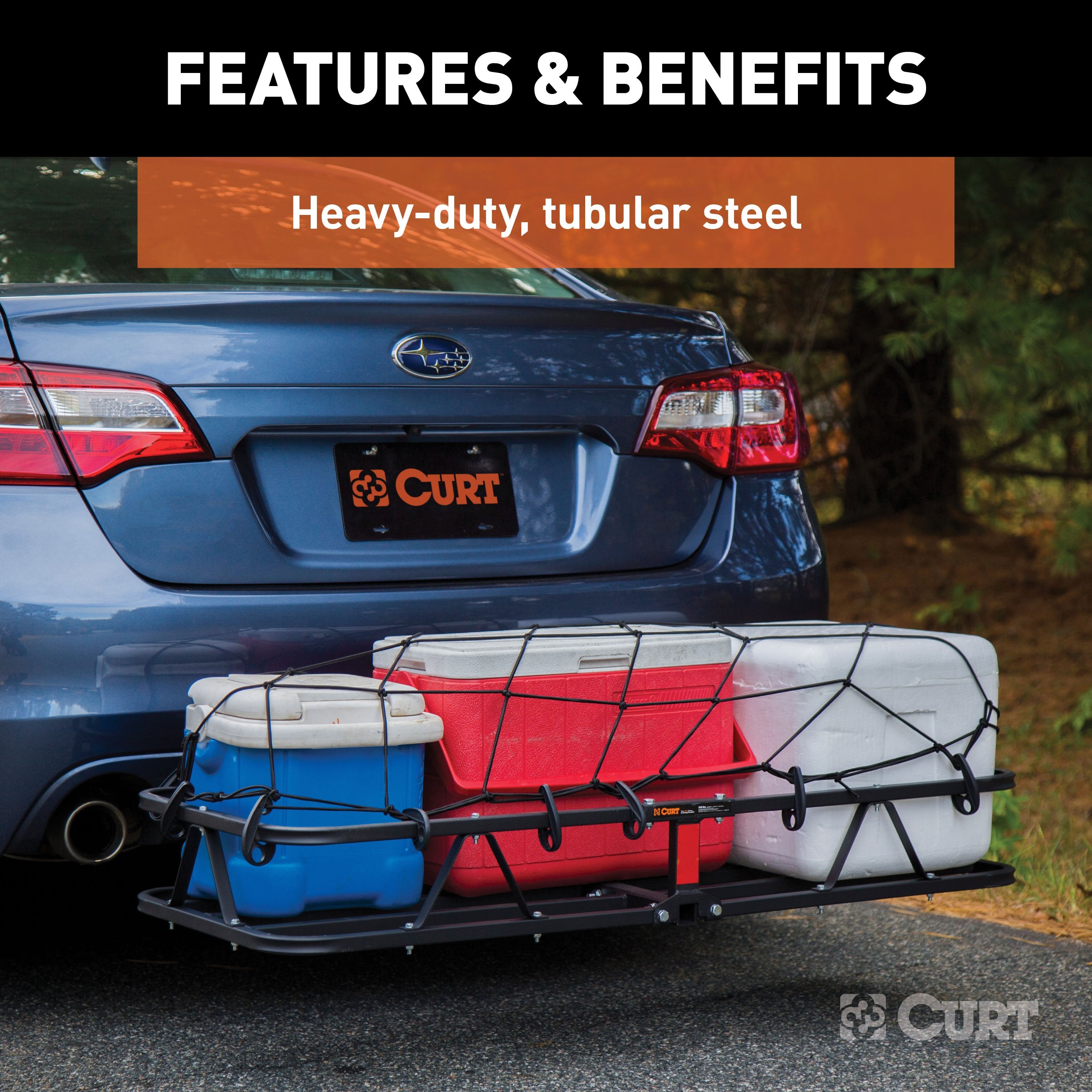 CURT 48 x 20-Inch Basket Hitch Cargo Carrier, 500 lbs Capacity, Black Steel, 1-1/4, 2-In Adapter Shank Model 18145