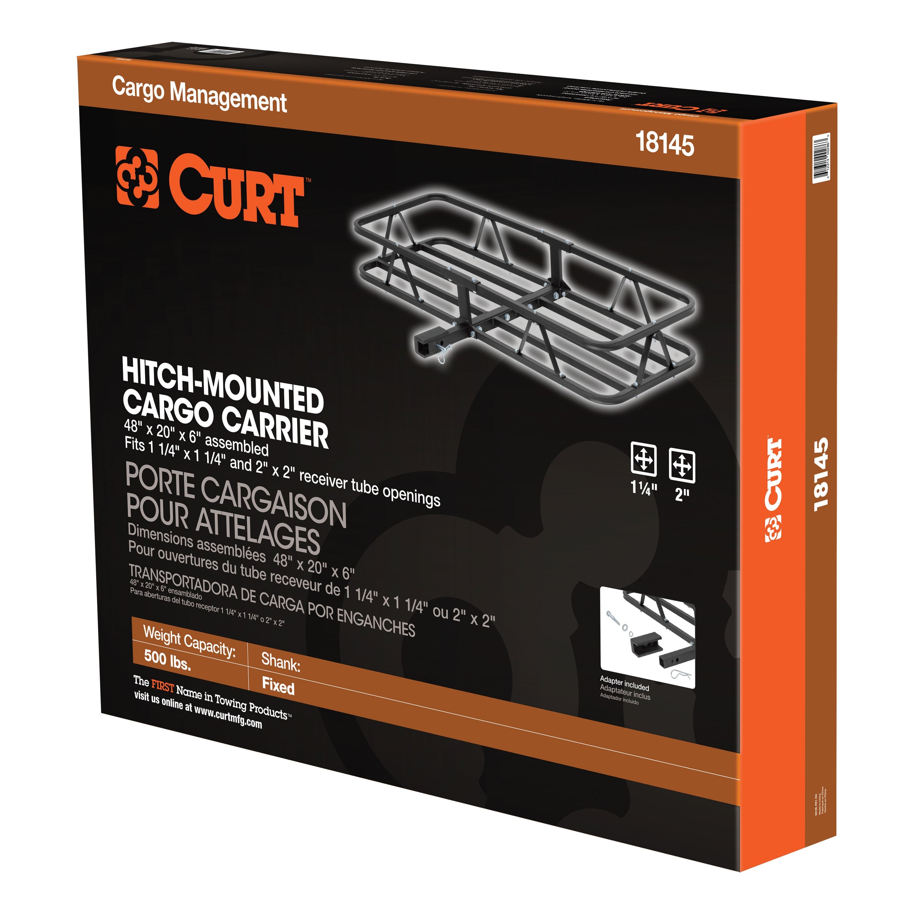 CURT 48 x 20-Inch Basket Hitch Cargo Carrier, 500 lbs Capacity, Black Steel, 1-1/4, 2-In Adapter Shank Model 18145