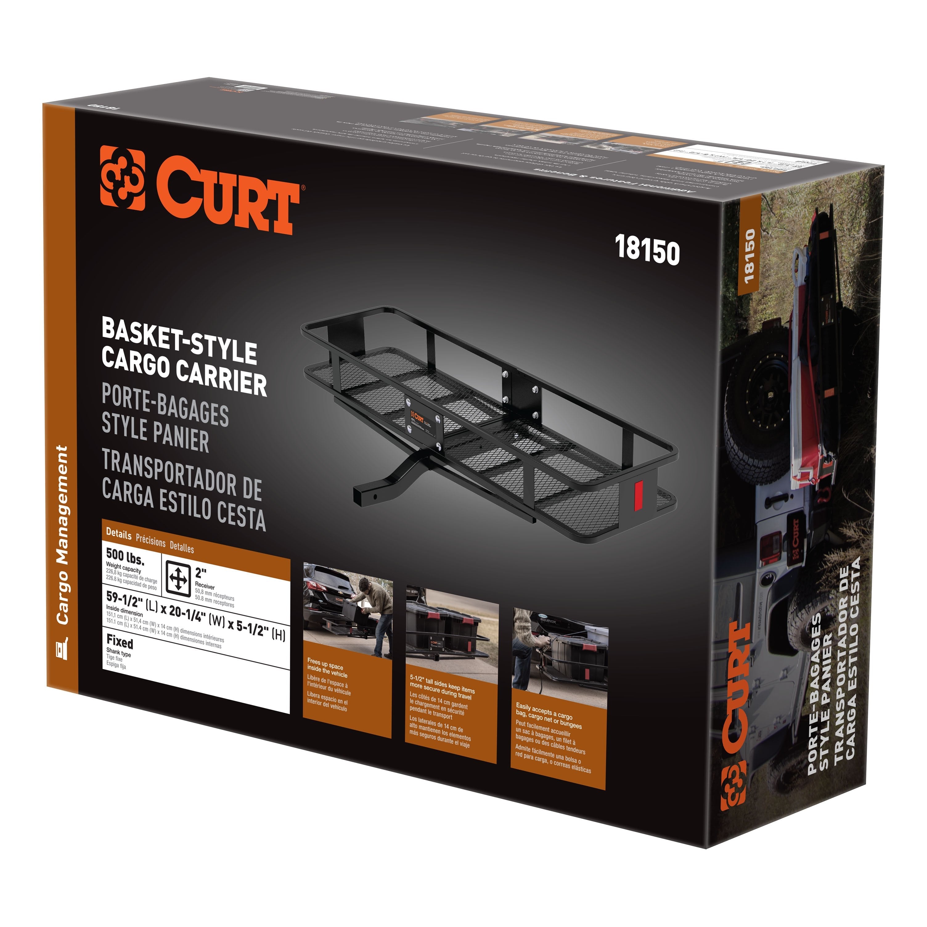 CURT 60 x 20-Inch Basket Hitch Cargo Carrier, 500 lbs Capacity, Black Steel, 2-In Fixed Shank Model 18150