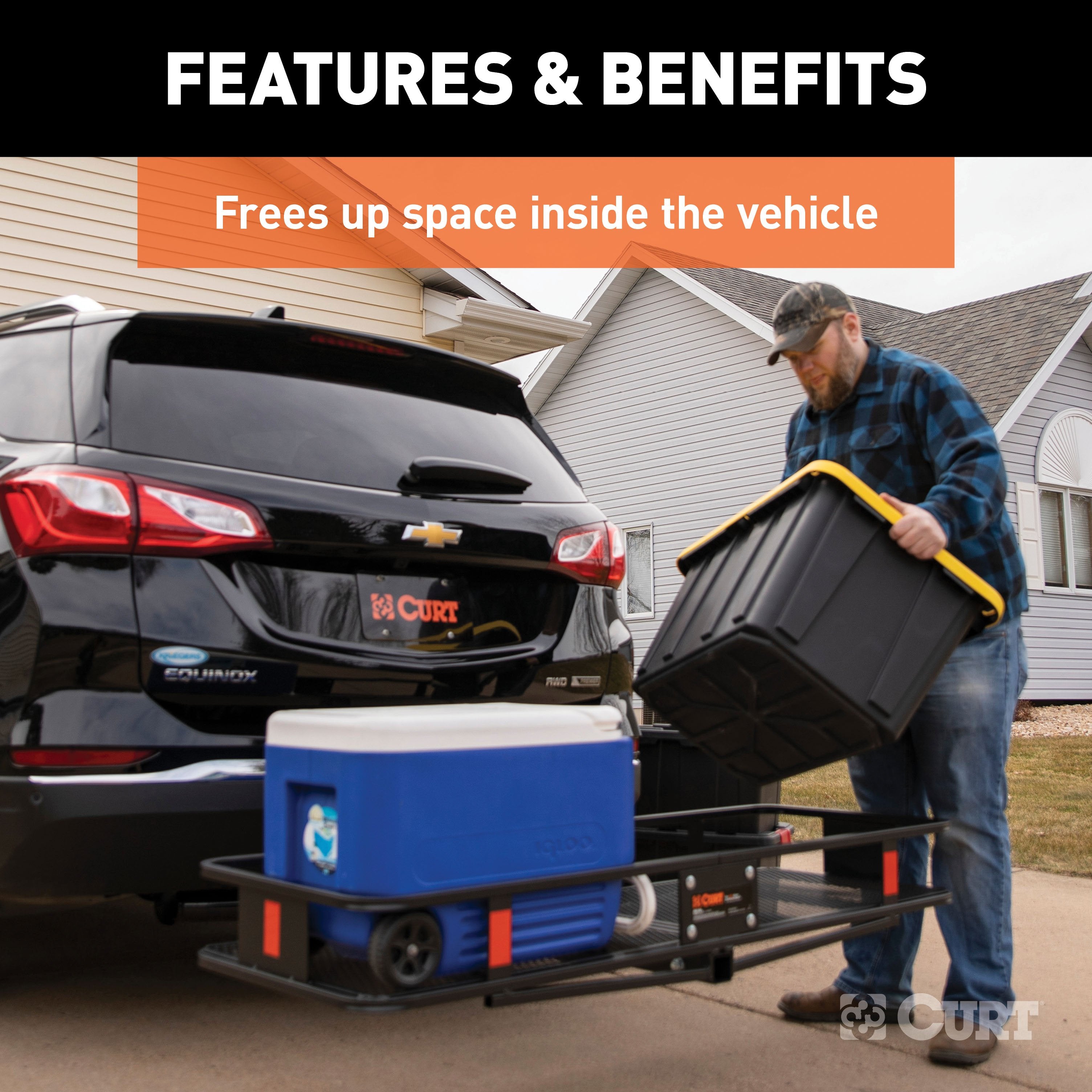 CURT 60 x 20-Inch Basket Hitch Cargo Carrier, 500 lbs Capacity, Black Steel, 2-In Folding Shank Model 18151