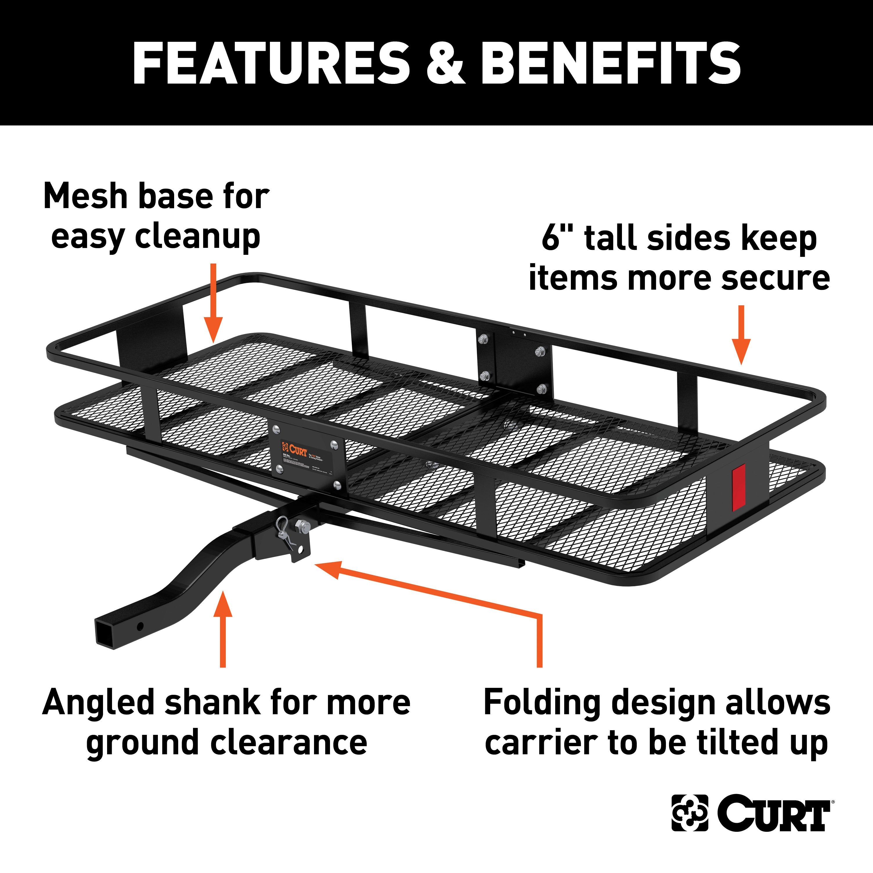 CURT 60 x 24-Inch Basket Hitch Cargo Carrier, 500 lbs Capacity, Black Steel, 2-In Folding Shank Model 18153