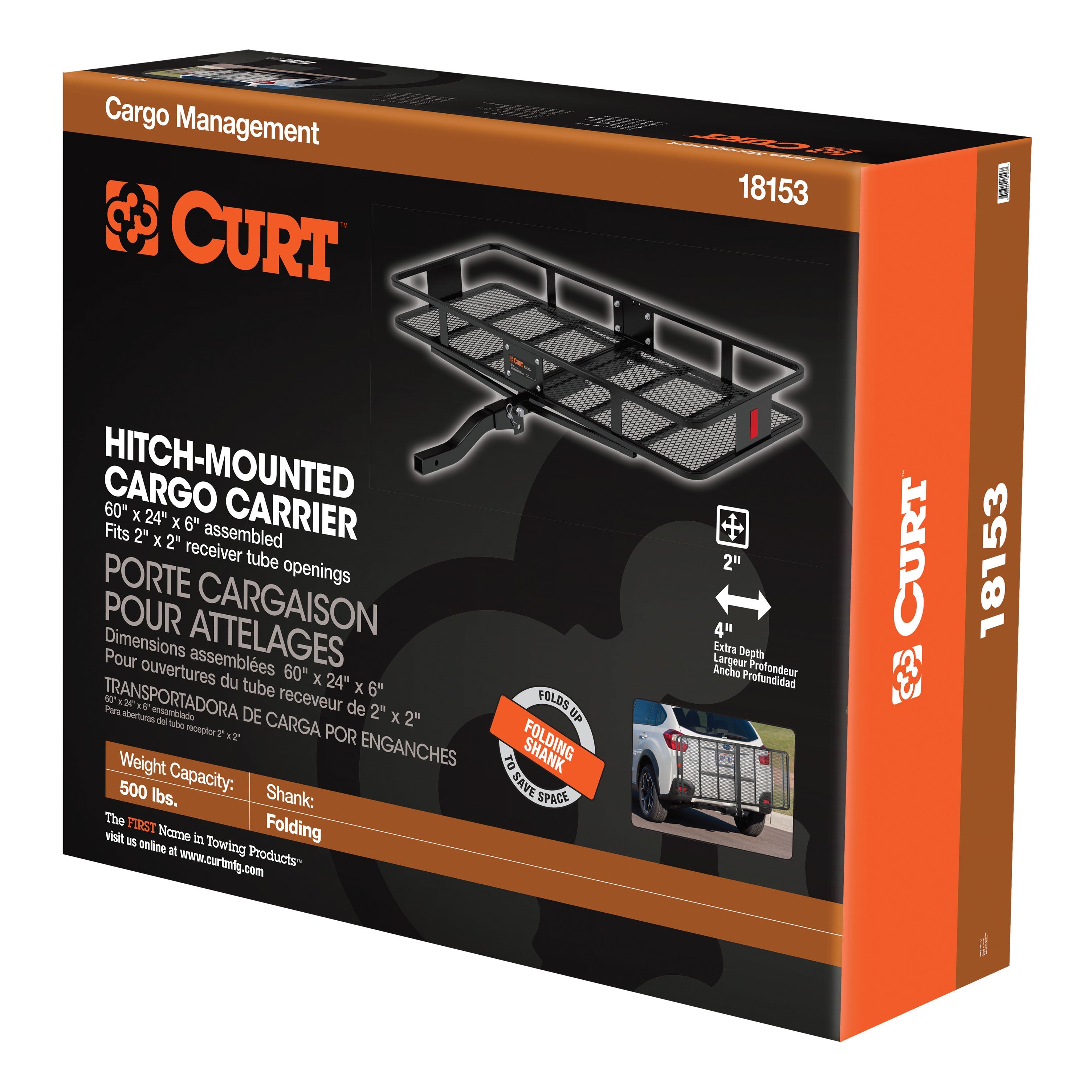 CURT 60 x 24-Inch Basket Hitch Cargo Carrier, 500 lbs Capacity, Black Steel, 2-In Folding Shank Model 18153