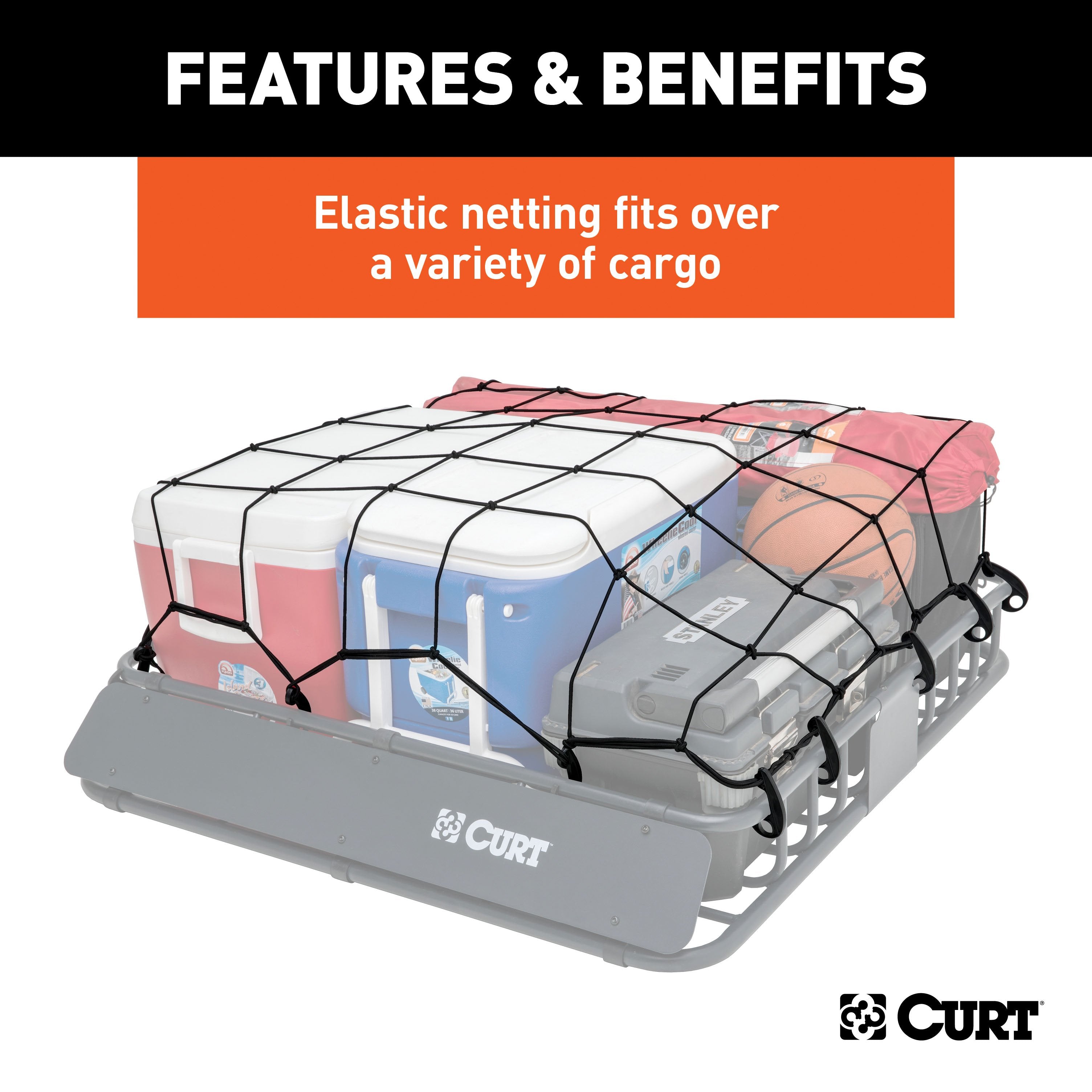 CURT 44 x 38-Inch Elastic Cargo Net with Hooks for Roof Basket Model 18200