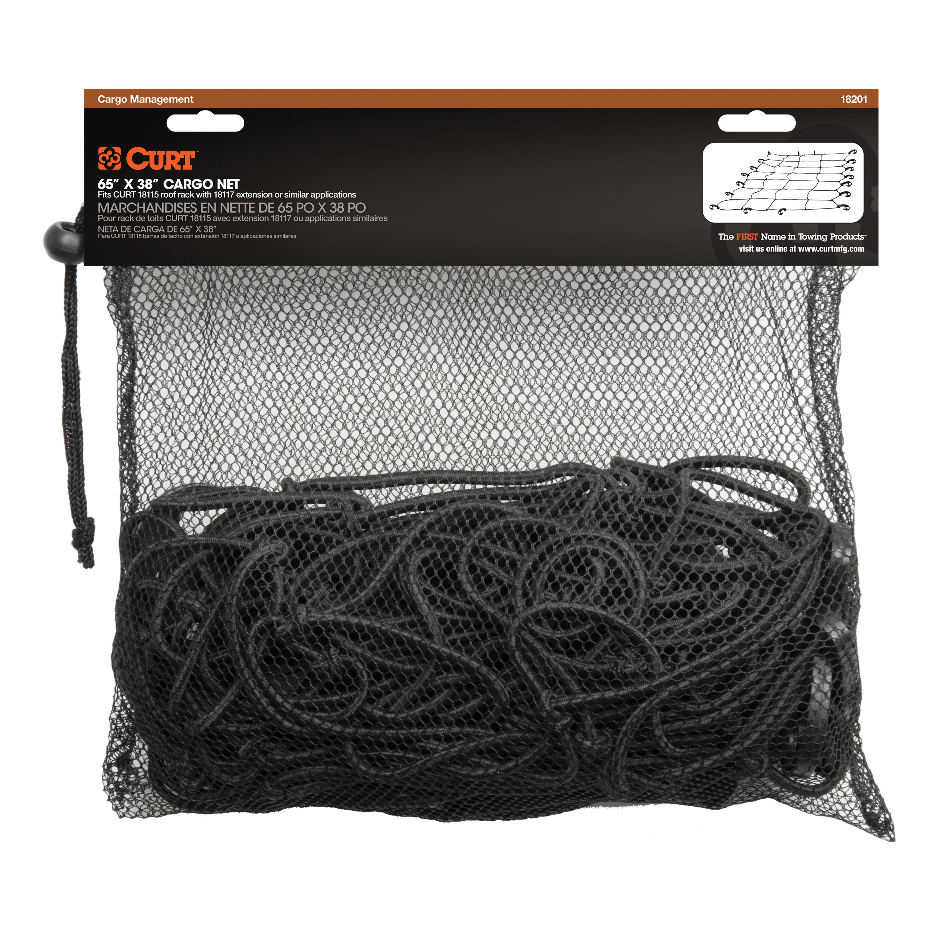 CURT 65 x 38-Inch Elastic Cargo Net with Hooks for Roof Basket Model 18201