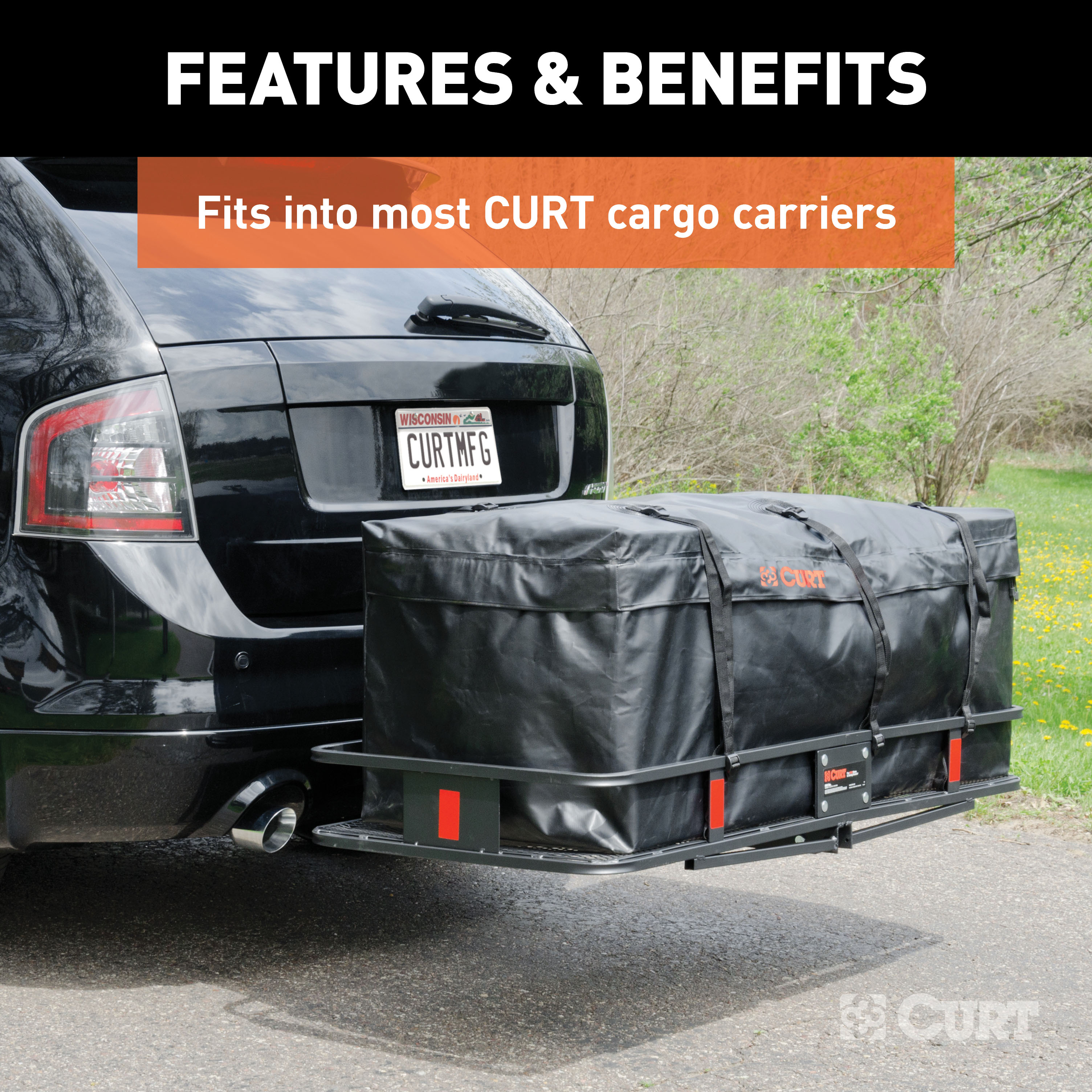 CURT 56 x 18 x 21-Inch Weather-Resistant Black Vinyl Cargo Bag for Hitch Carrier Model 18210
