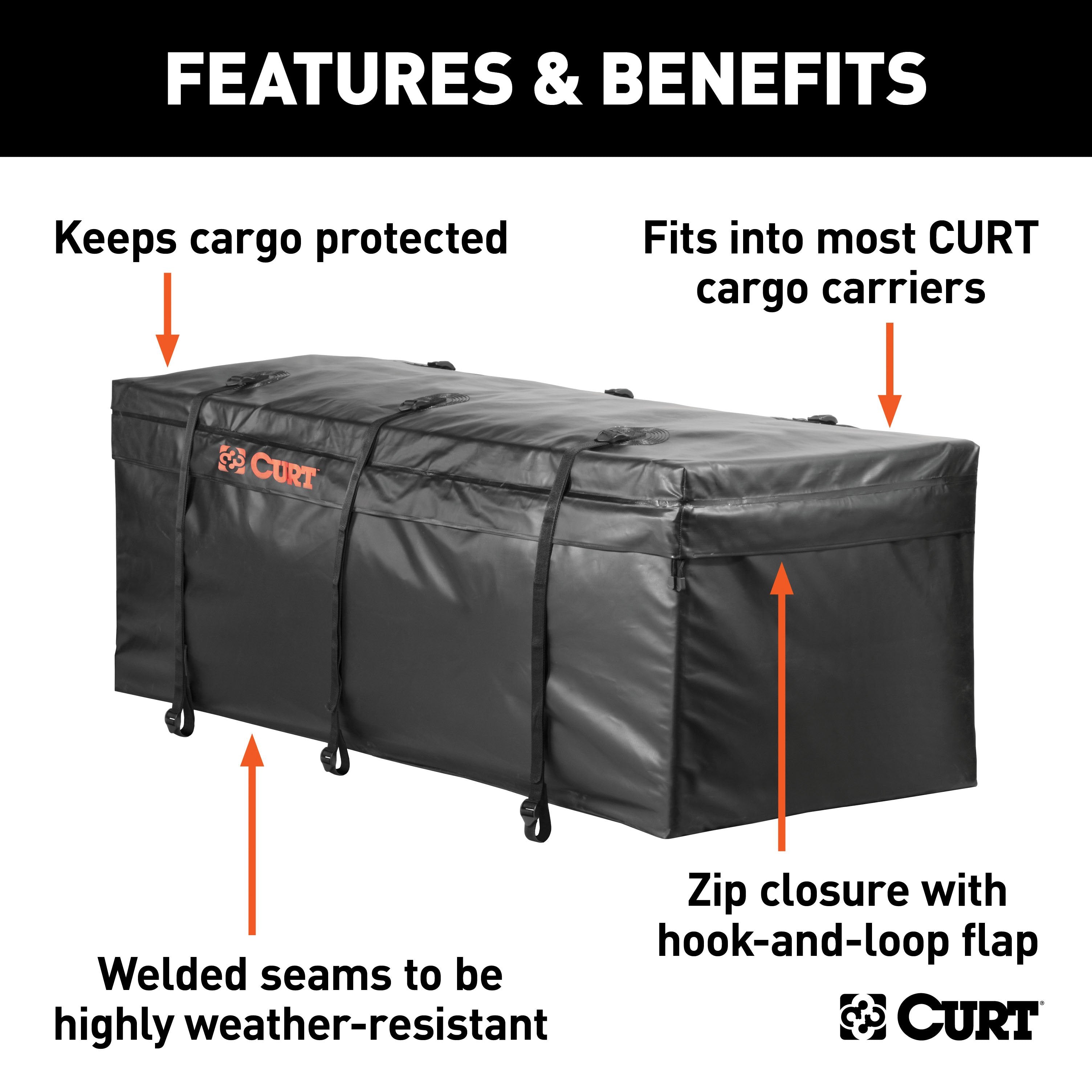 CURT 56 x 22 x 21-Inch Weather-Resistant Black Vinyl Cargo Bag for Hitch Carrier Model 18211