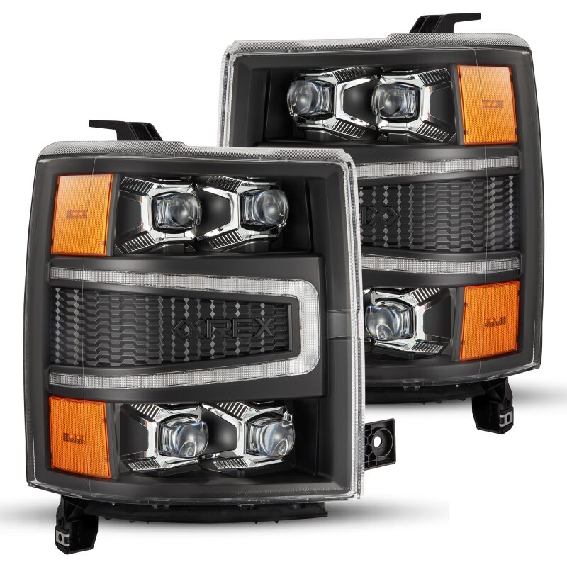 AlphaRex NOVA-Series LED projector headlights for 04-15 Chevy 1500HD in black with sequential signals and daytime running lights.