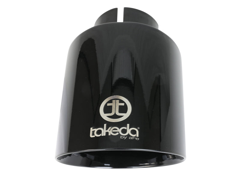 Black afe Takeda universal exhaust tip with a 2-1/2 inch inlet, 4-1/2 inch outlet, and 7 inch length, featuring a polished logo.