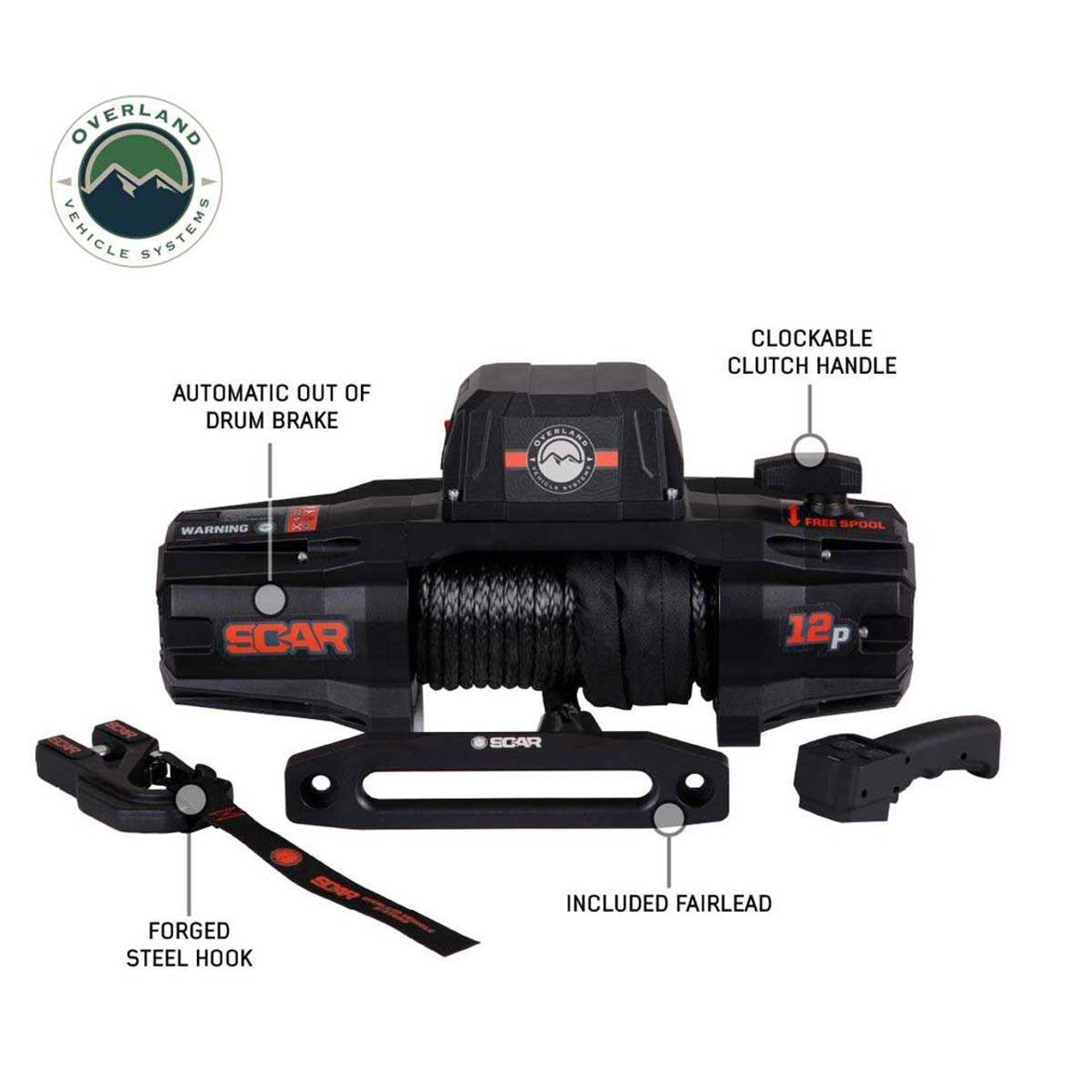 SCAR 12P - 12,000 lb. Winch With Synthetic Rope and Wireless Remote Overland Vehicle Systems