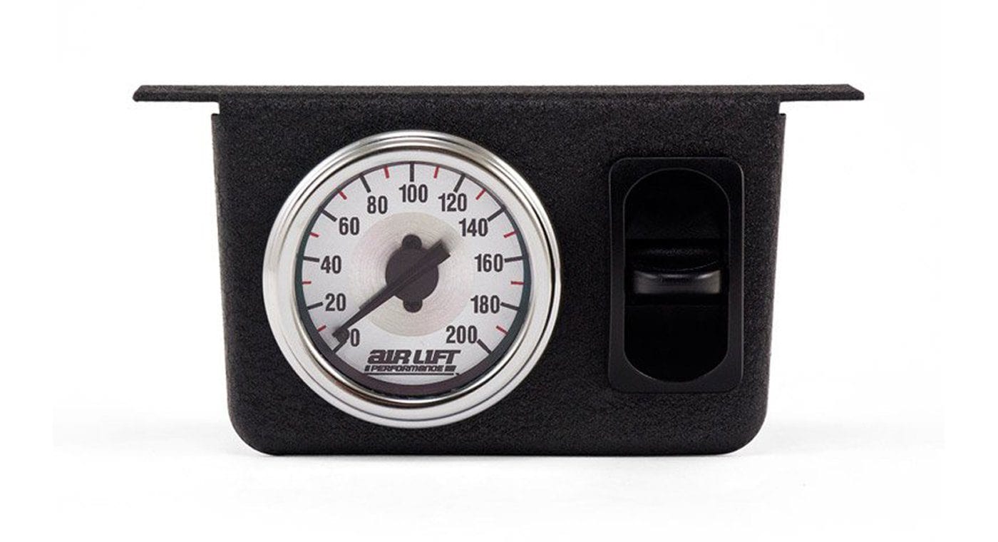 Air Lift single needle gauge panel featuring a round gauge and paddle switch for easy air pressure monitoring.