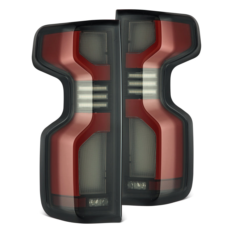 AlphaRex LUXX-Series LED tail lights for 19-24 Chevy Silverado 1500 and 20-24 2500HD/3500HD in red finish.