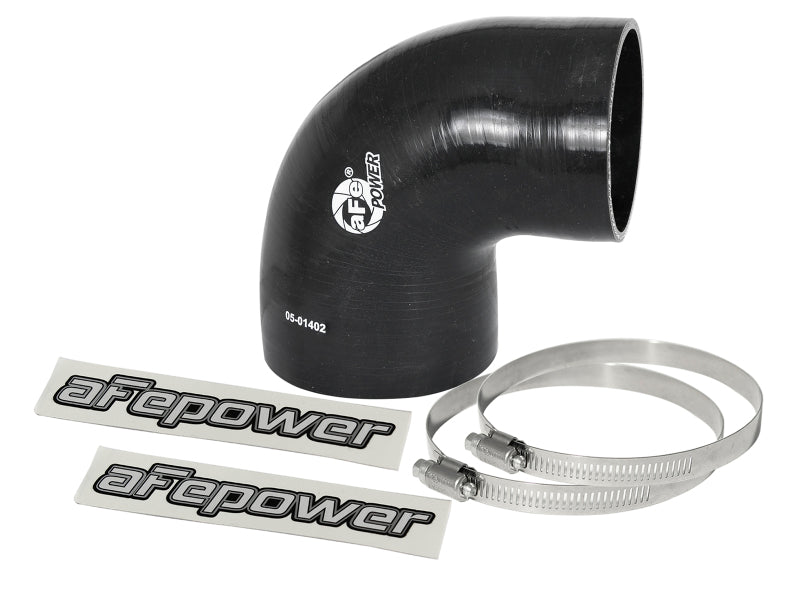 Black 90-degree elbow coupler for afe Magnum FORCE Intake, includes clamps and aFe Power stickers. Ideal for performance upgrades.
