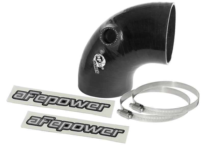 afe Magnum FORCE Intake Coupling Kit featuring a 90-degree elbow coupler in black, with clamps and stickers included.