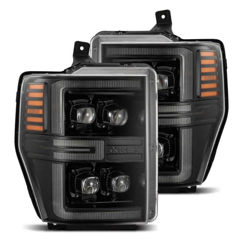AlphaRex NOVA-Series LED projector headlights for 08-10 Ford F250-550 in black with sequential signal lights.