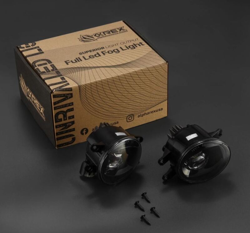 AlphaRex DoubleTap dual color LED projector fog lights for Toyota, Lexus, and Scion in a box with mounting screws.
