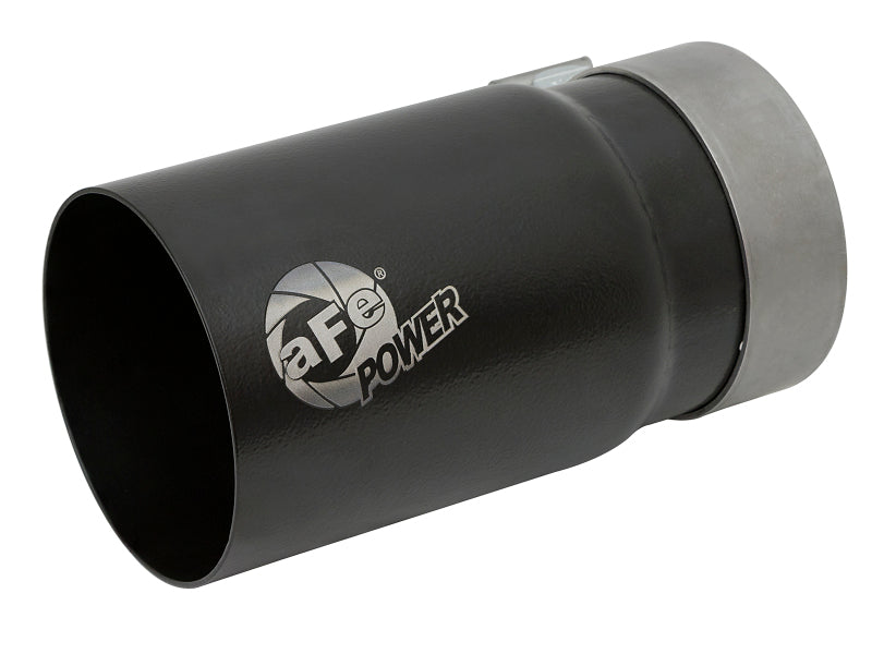 aFe MACH Force-Xp universal exhaust tip with a 3-1/2 inch inlet, 4 inch outlet, and 7 inch length, featuring a sleek black finish.