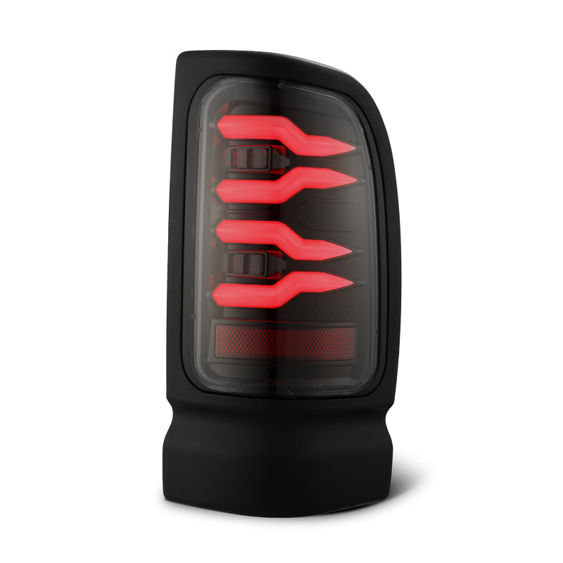 AlphaRex LUXX-Series LED tail light for 94-01 Dodge Ram 1500/2500/3500 in alpha-black finish with red accents.