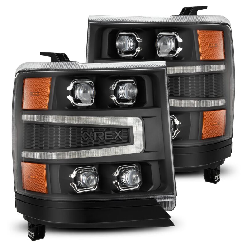 AlphaRex NOVA-Series LED projector headlights for 2016-2018 Chevy 1500HD with sequential signals and daytime running lights.