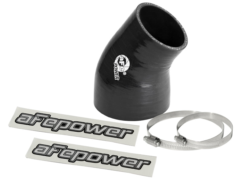 Black afe Magnum FORCE Intake Coupling Kit featuring a 35-degree elbow coupler, two clamps, and branded stickers.