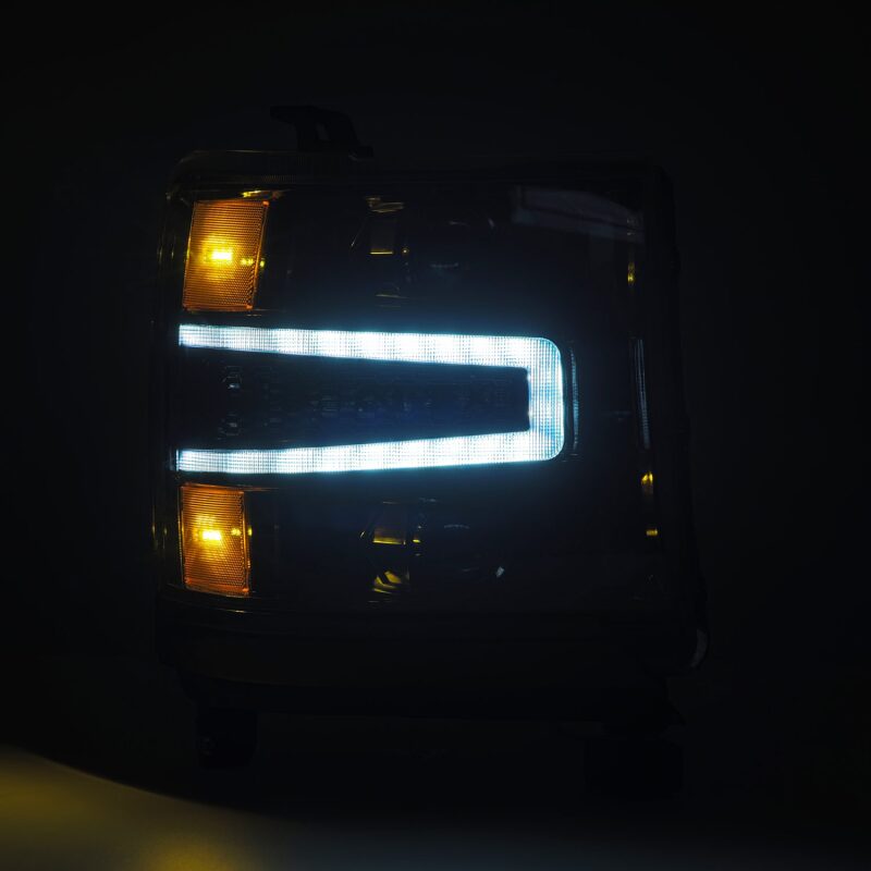 AlphaRex LUXX LED projector headlights for 2016-2018 Chevy 1500HD with sequential turn signals and ATV light.