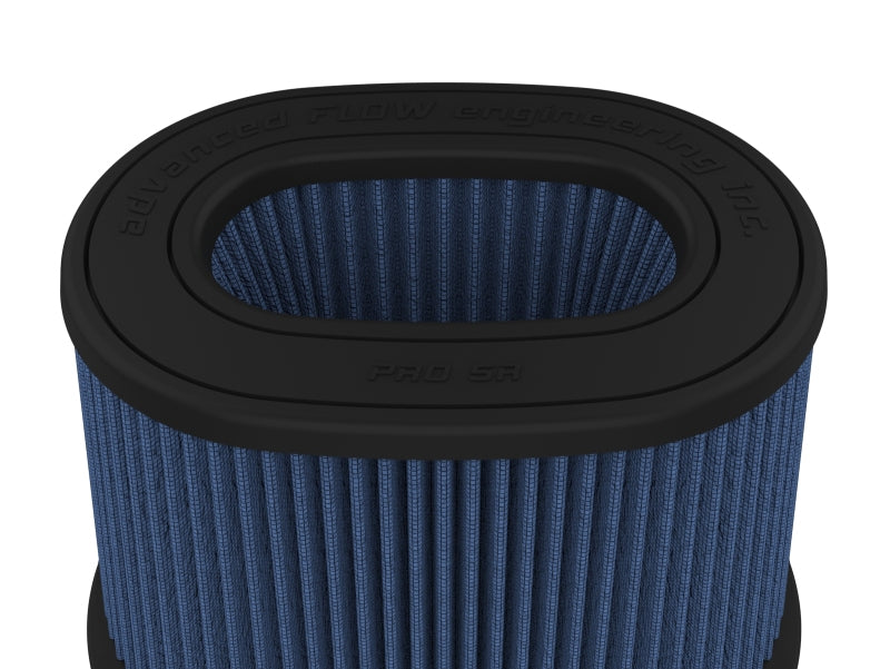 afe Momentum Intake replacement air filter featuring a blue pleated design and a durable rubber frame for optimal airflow.