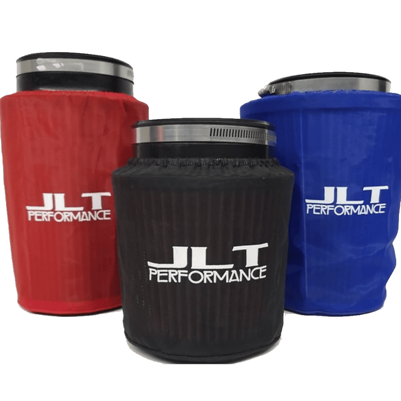 Three air filter wraps in red, blue, and black colors with the JLT Performance logo on each