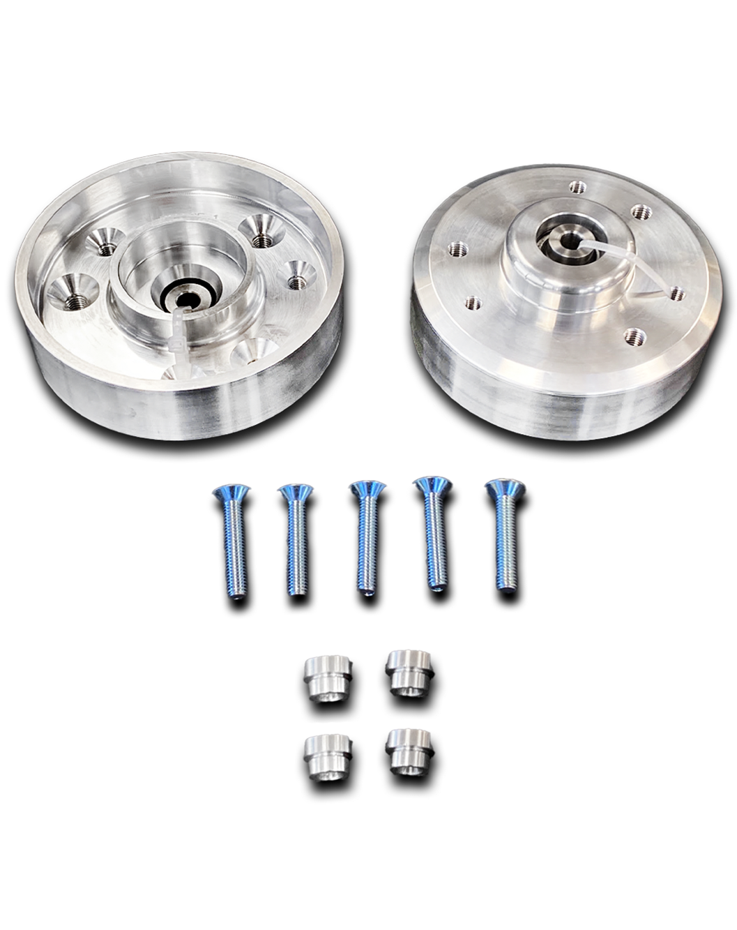 Billet top hat lift kit for 2010-2014 Raptor, includes two lift components and installation hardware for stock shocks.