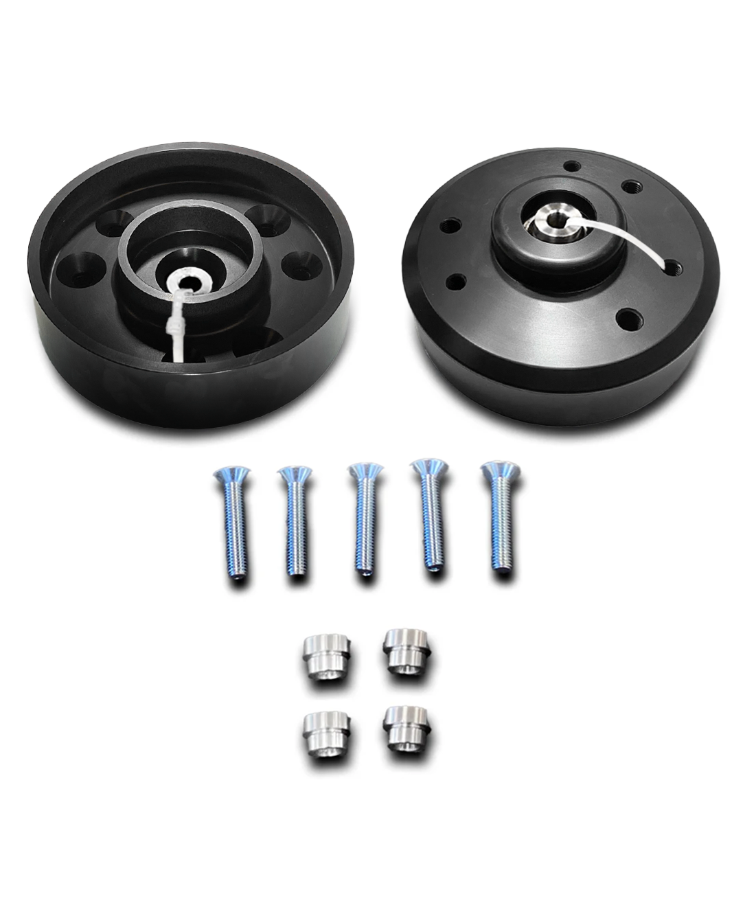 Billet top hat lift kit for 2017-2020 Raptor, includes two 2-inch lift spacers and installation hardware.