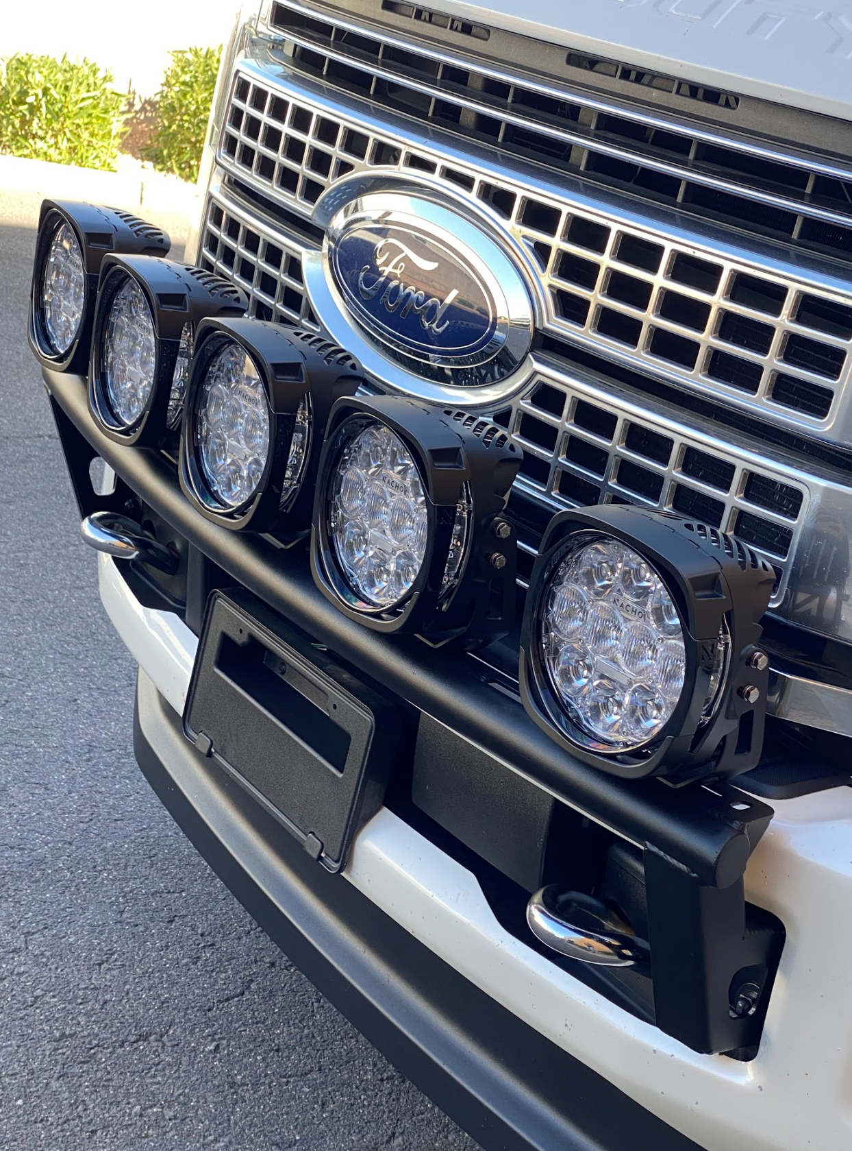Front light mount kit for 2017-2022 Ford F-250 Super Duty, designed for stock bumpers, featuring six LED lights.