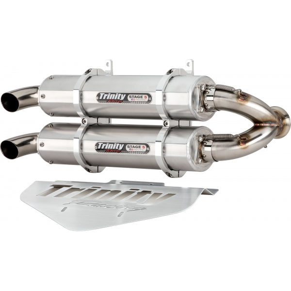High-performance ACE 900 XC slip-on exhaust system with dual polished stainless steel mufflers and mounting plate.