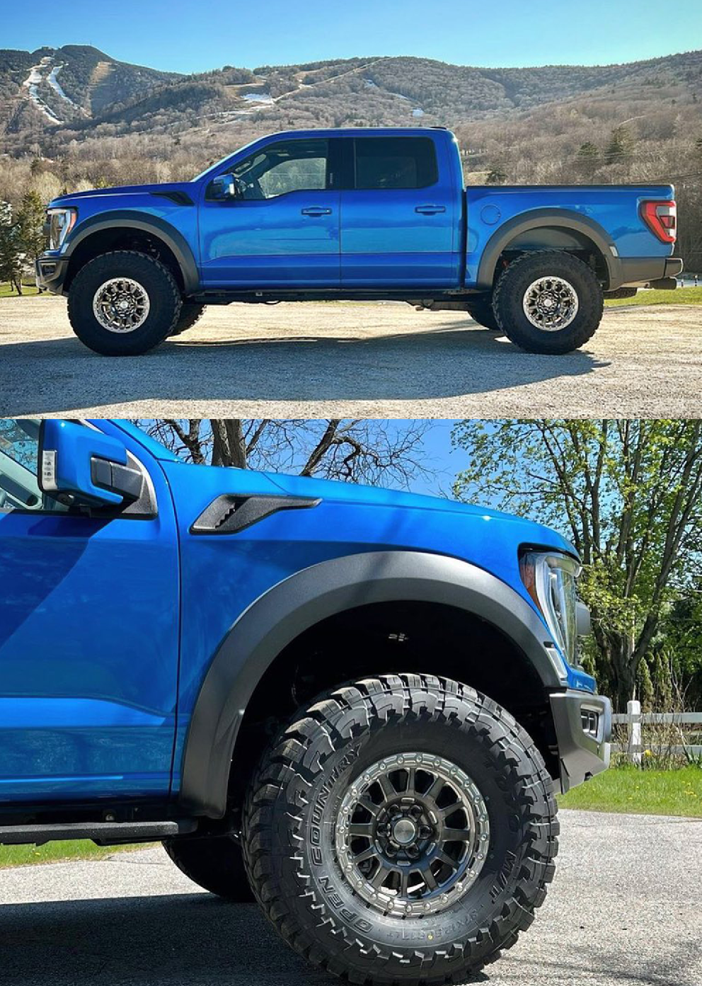2021 and up Raptor front leveling kit showcasing a blue truck with a 2-inch lift, highlighting enhanced off-road capabilities.