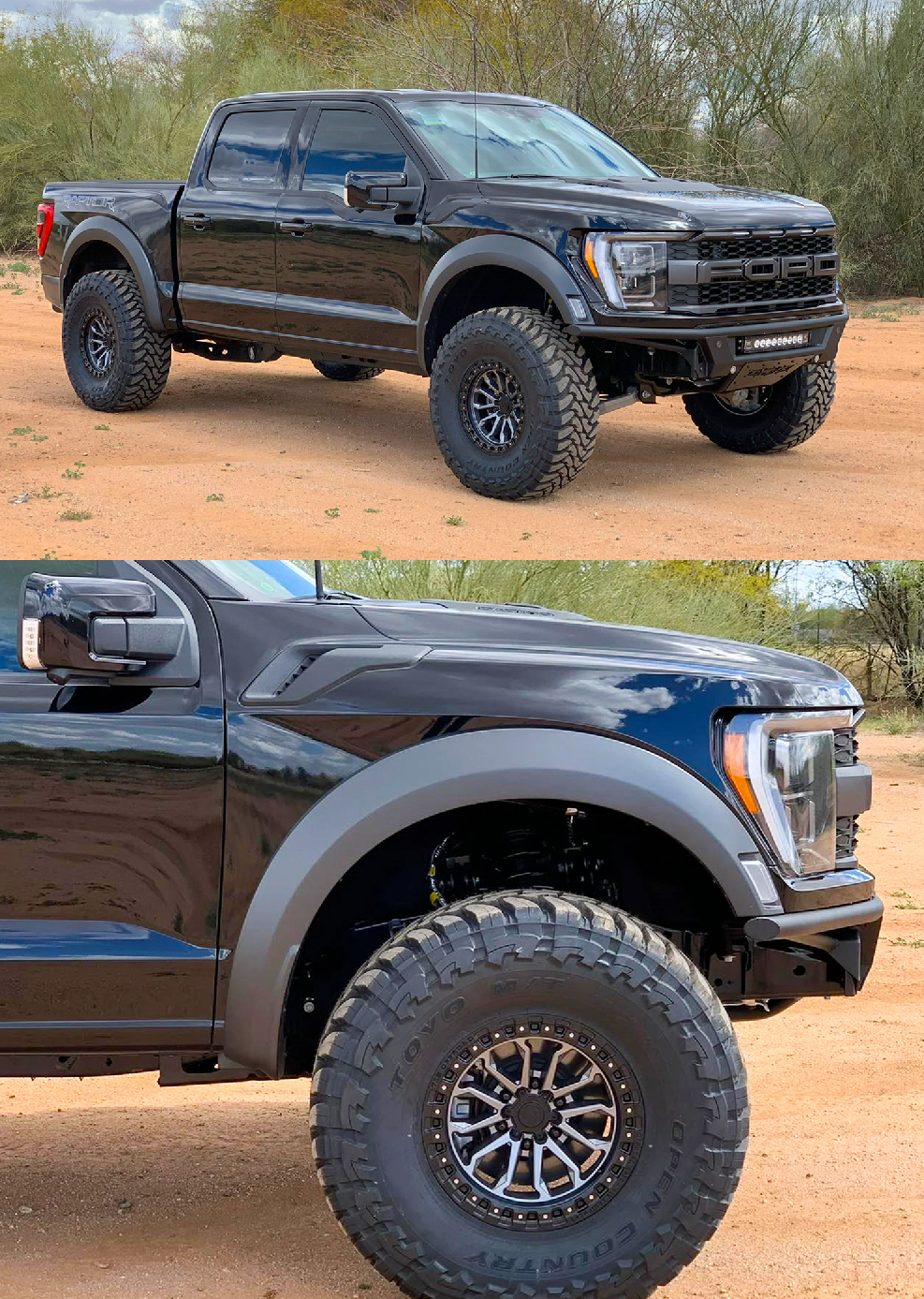 2021 and up Raptor front leveling kit showcasing a black truck with a 2-inch lift and rugged tires on a desert backdrop.