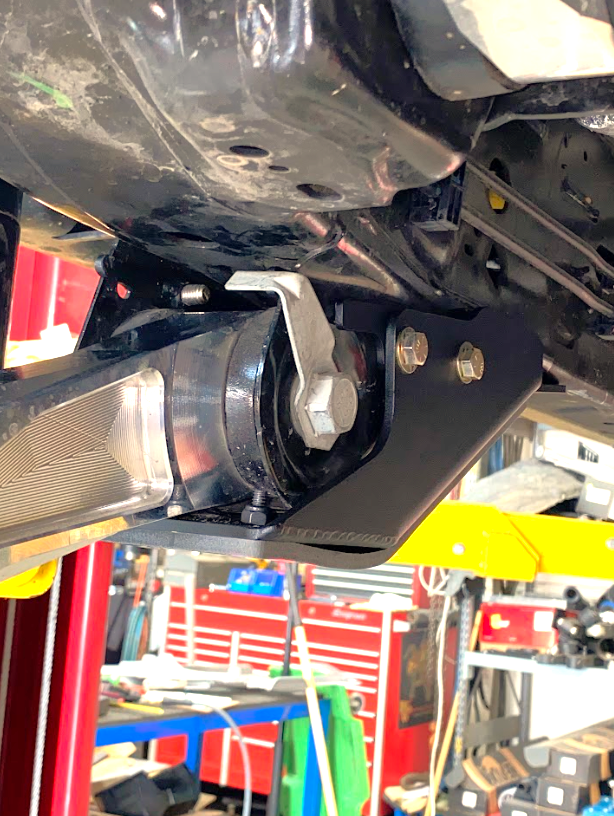2021 and up Bronco rear lower arm frame guard with HDPE slide installed, showcasing durability and protection for offroad use.