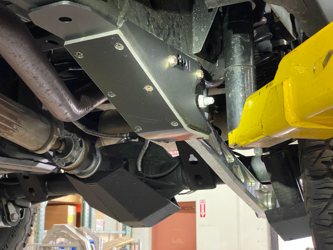 2021 and up Bronco rear lower arm frame guard with HDPE slide installed, showcasing durable protection for off-road use.