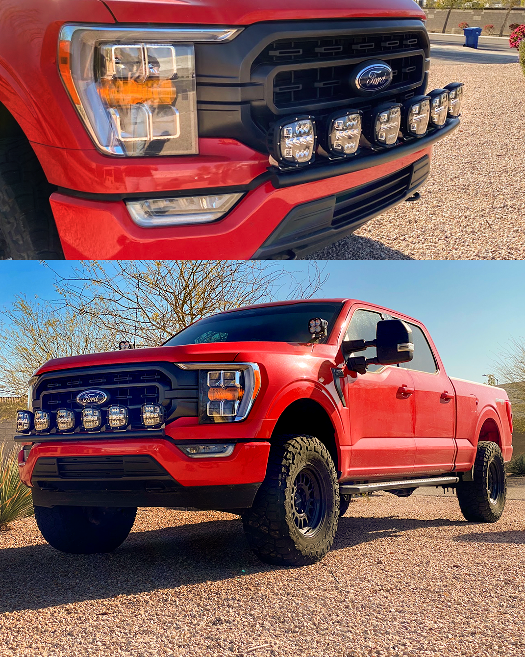 Front light mount for 2021-2023 Ford F150, showcasing LED lights on a red truck with stock bumper. Ideal for offroad use.