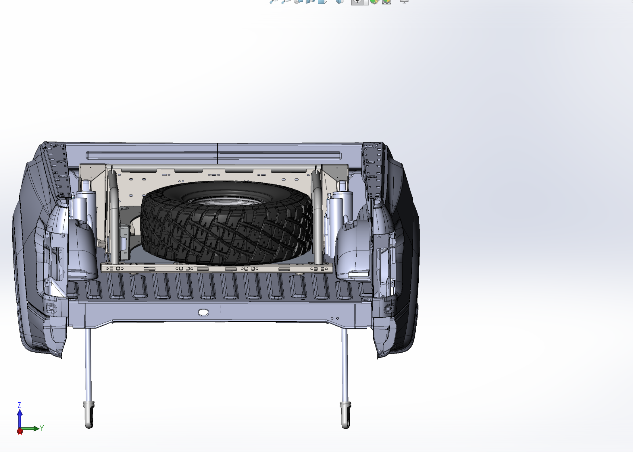 2021+ Raptor 5-Link Rear Bed Organizer designed for 3.0x16 coil over or 3.5x16 bypass shock with integrated tire storage.