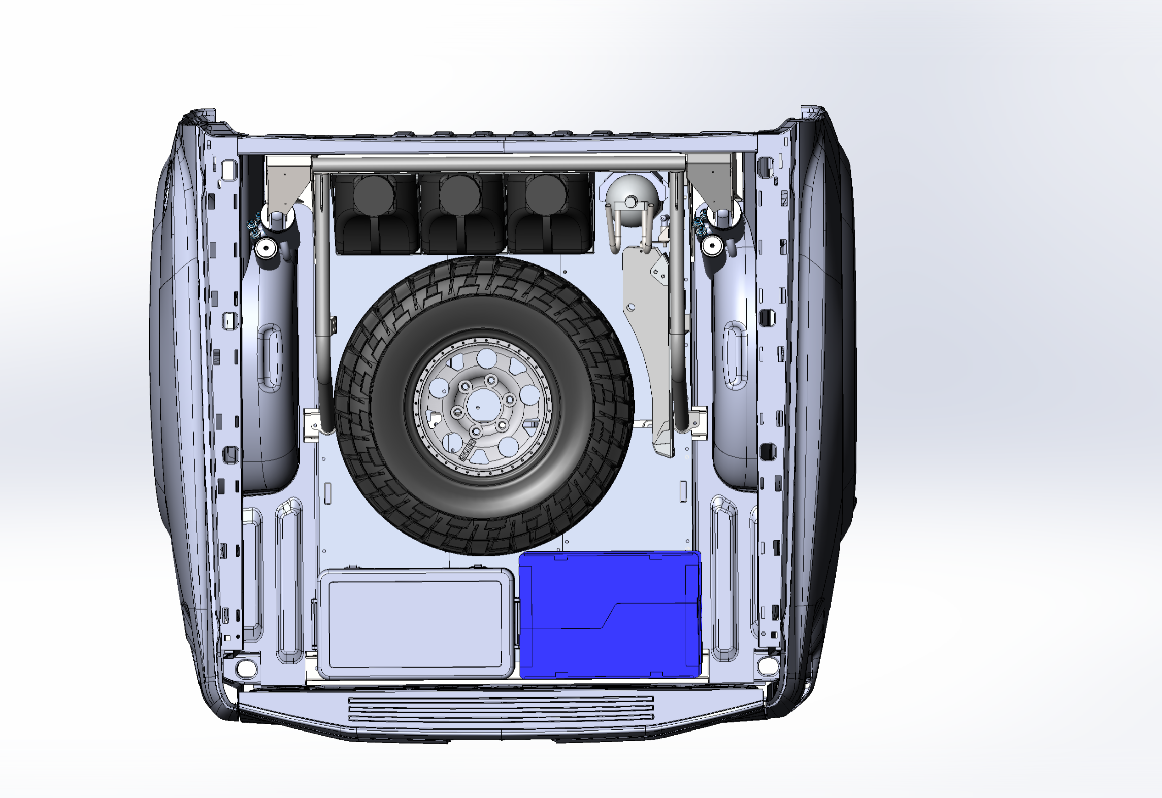 2021+ Raptor 5-Link Rear Bed Organizer designed for 3.0x16 coil over or 3.5x16 bypass shock, showcasing storage layout and tire placement.