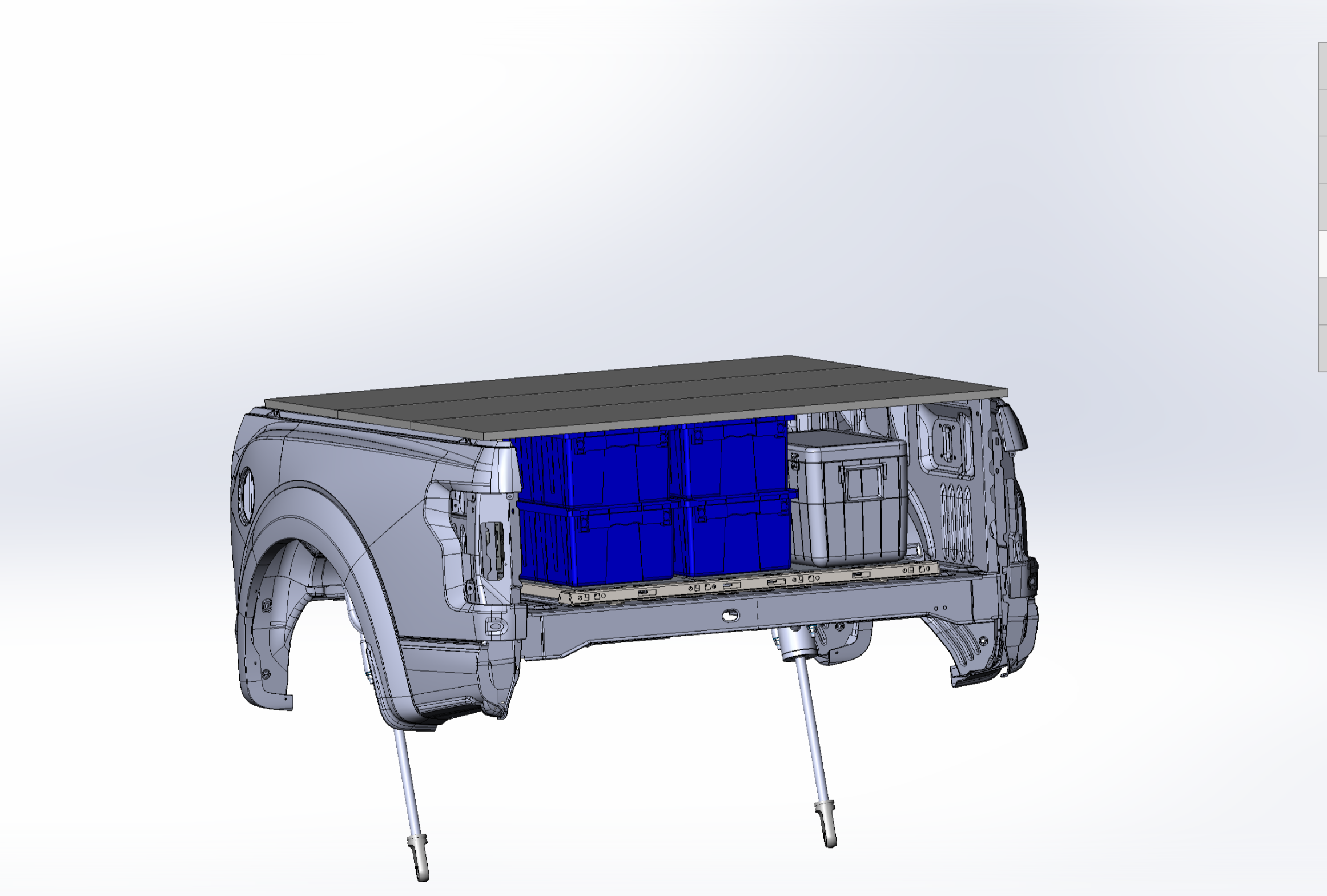 2021+ Raptor 5-Link Rear Bed Organizer designed for 3.0x16 coil over or 3.5x16 bypass shock, showcasing storage solution in truck bed.