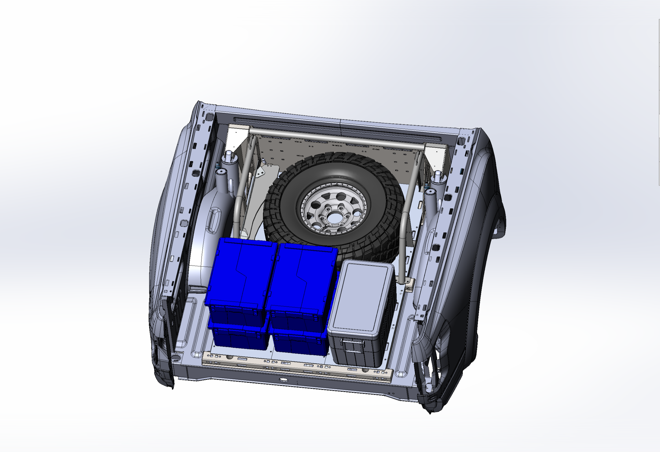 2021+ Raptor 5-Link Rear Bed Organizer designed for 3.0x16 coil over or 3.5x16 bypass shock with storage bins.
