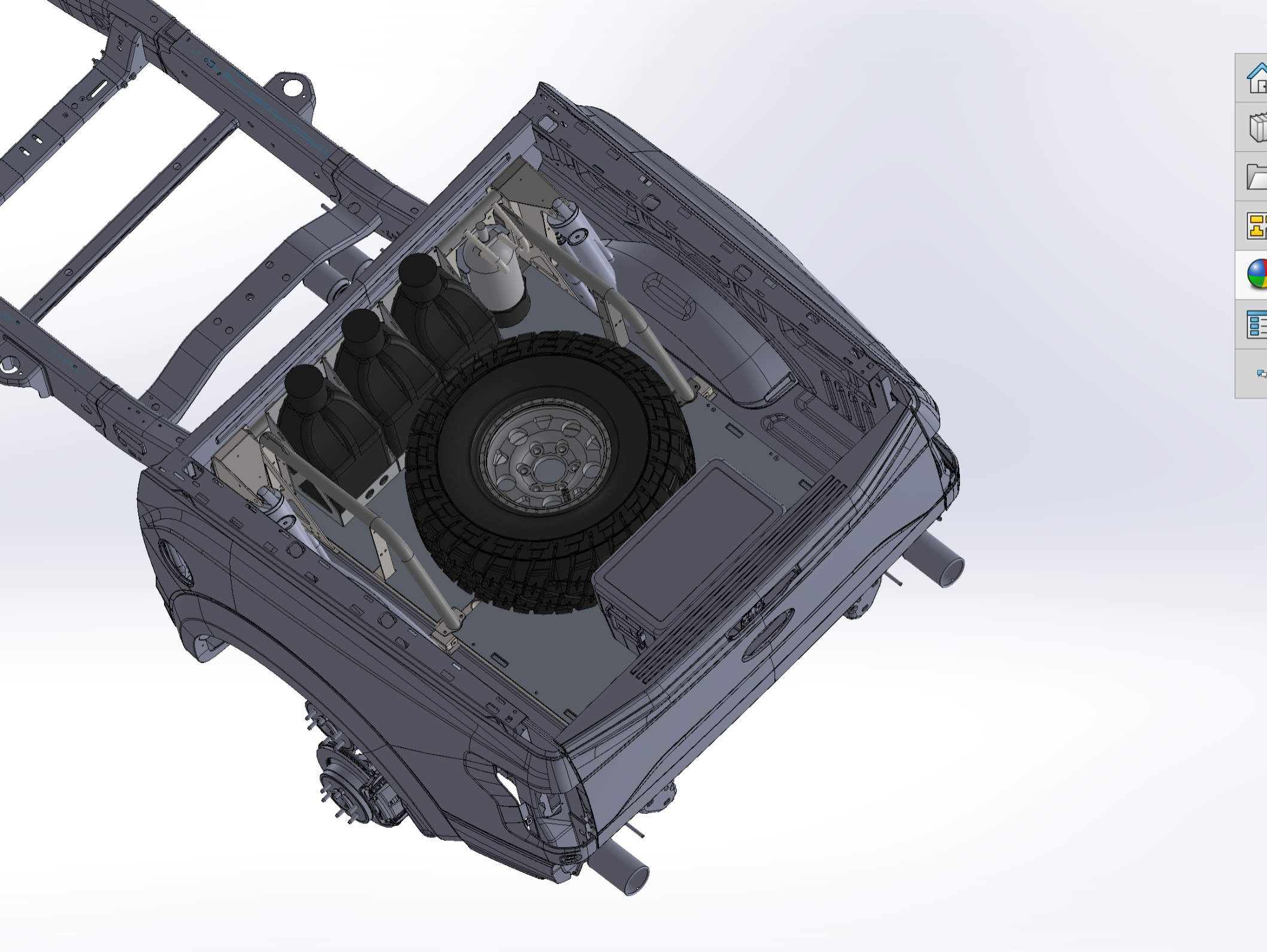 2021+ Raptor 5-Link Rear Bed Organizer designed for 3.0x16 coil over or 3.5x16 bypass shock, showcasing tire and storage layout.
